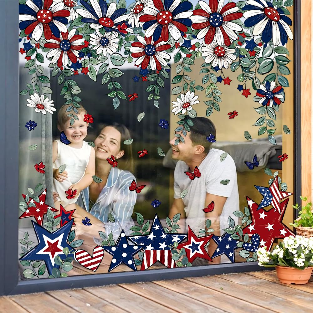 JOICEE 8 Sheets Patriotic Window Clings,4th of July Window Stickers Red White Blue Star Flower Butterfly Hanging Vine Floral Window Decals for Independence Day Home School Office Holiday Decoration