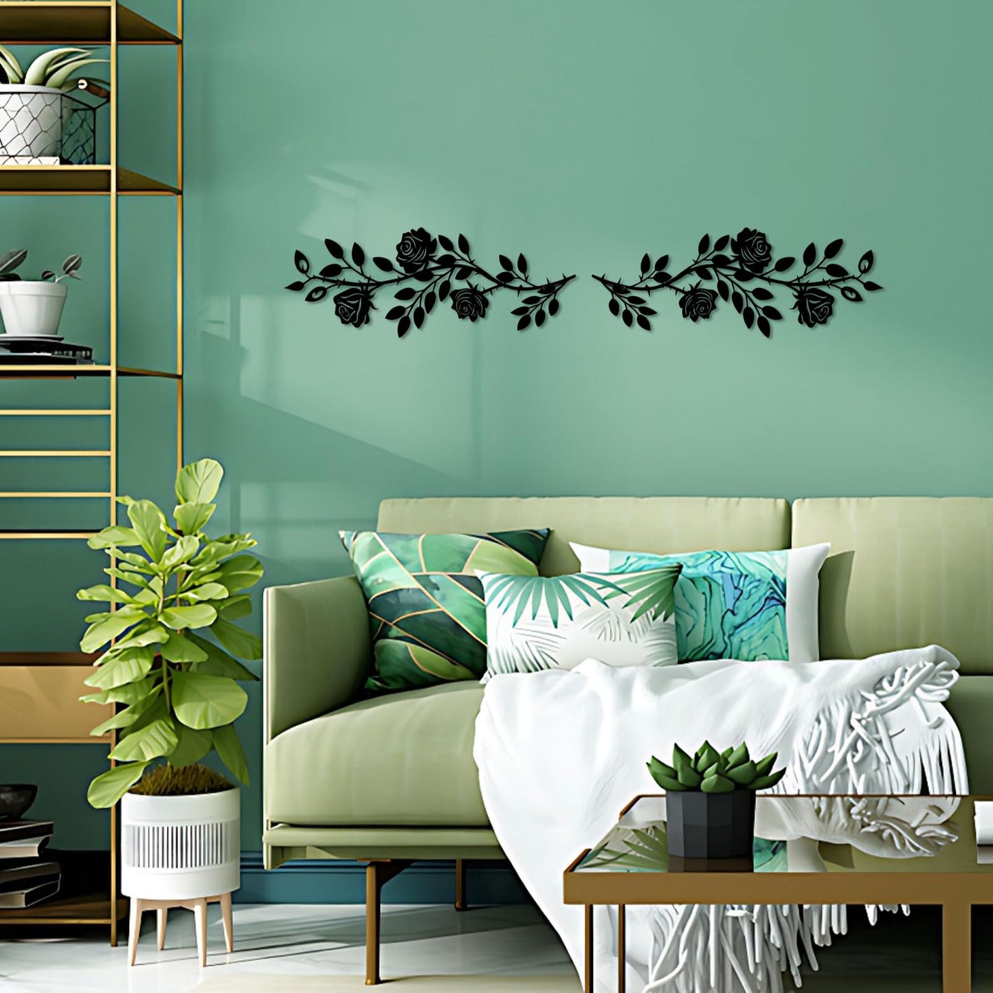 DUOOLN 2 Pcs Metal Rose Tree Leaf Wall Decor, Long Iron Scroll Vine Wall Art, Rustic Hanging Sign Flowers Sculpture, For Above Door Living Room Office Indoor And Outdoor Decoration - Black