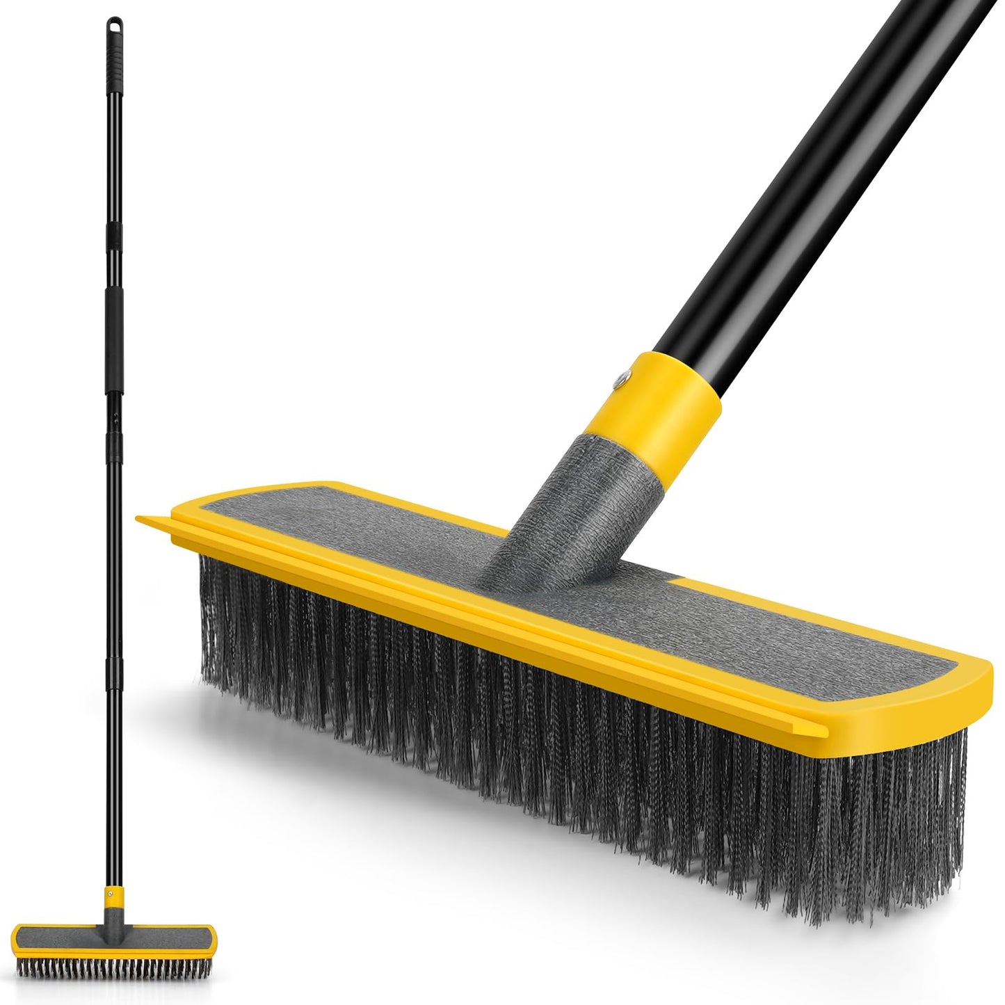 Heavy Duty Broom Wire Floor Scrub Brush with Long Handle, 2 in 1 Scrape and Stainless Steel Bristle Brooms Scrubber for Deck Concrete Patio Outdoor Moss Removal