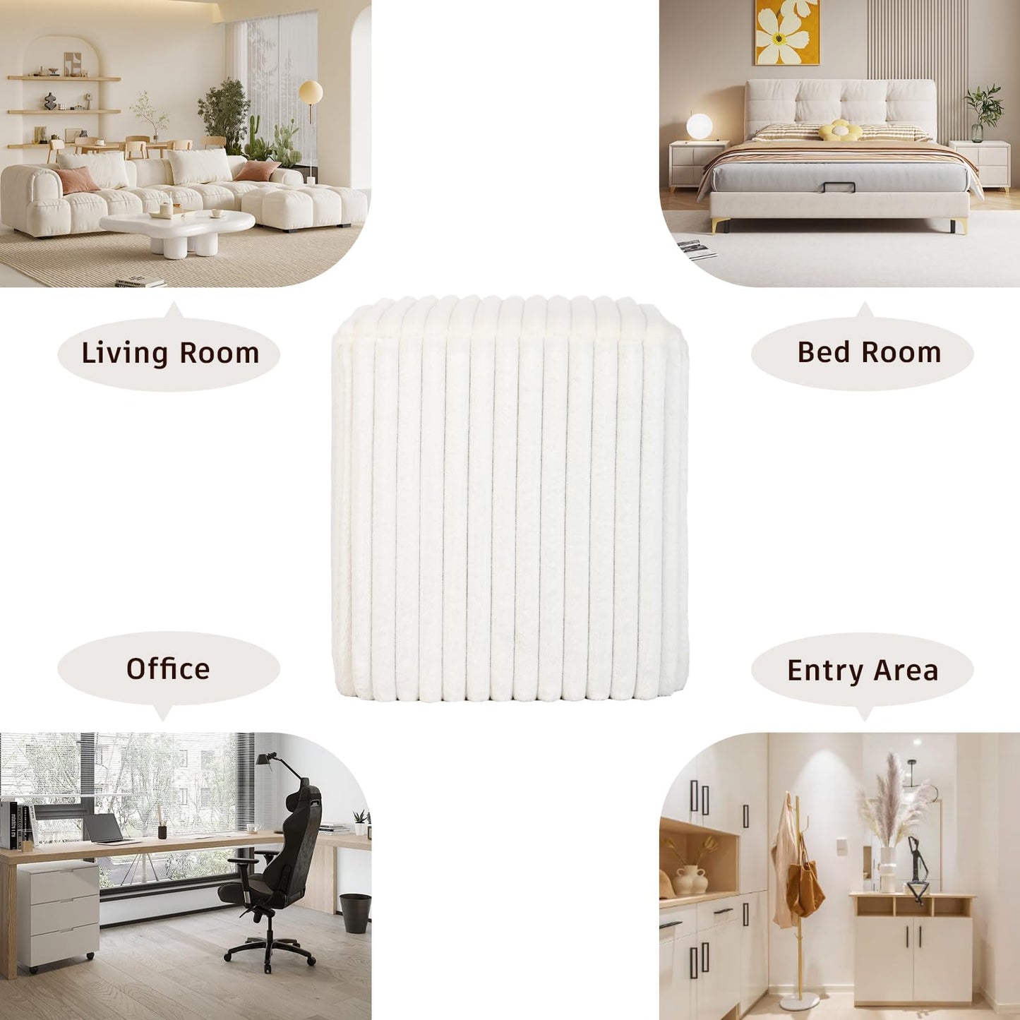 YDcosyfy Modern Square Ottoman, Vertical Channel Tufted Foot Stool Ottoman, Velvet Upholstered Vanity Stool for Makeup, Bedroom, Living Room, White