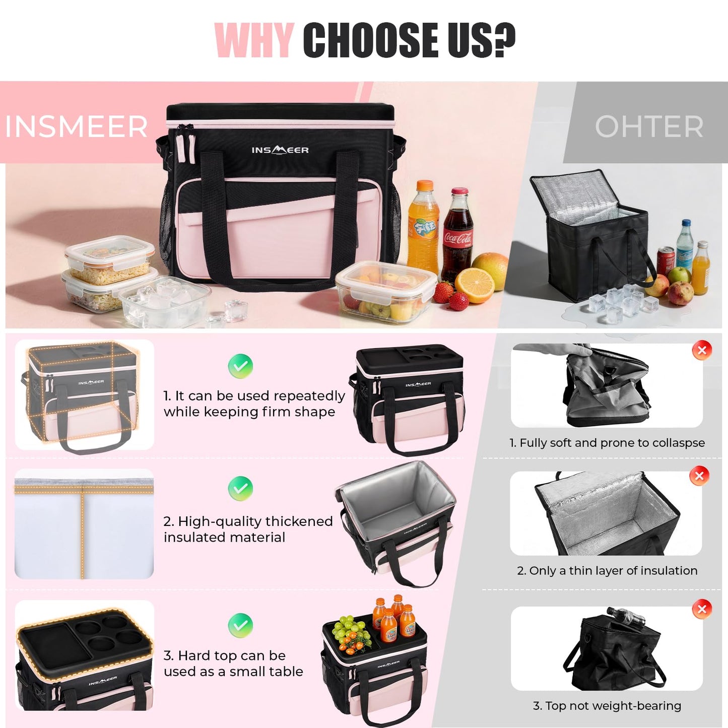 INSMEER Soft Cooler Bag with Hard Shell & 4 Cup Holders, 55 Cans 40L Collapsible Soft Sided Cooler, 100% Leakproof Insulated Cooler Bag Portable for Beach Travel Camping Picnic