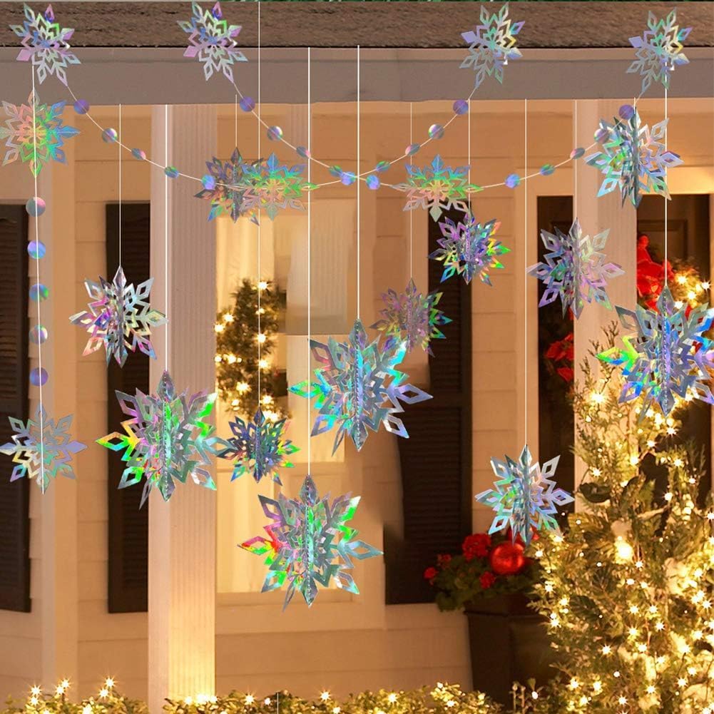 Cheerland Winter Wonderland Decorations Iridescent Snowflakes Garland Holographic 3D Snowflake Streamers for Winter Onederland Birthday Party Decoration Backdrop Office Janurary Party Indoor Supplies
