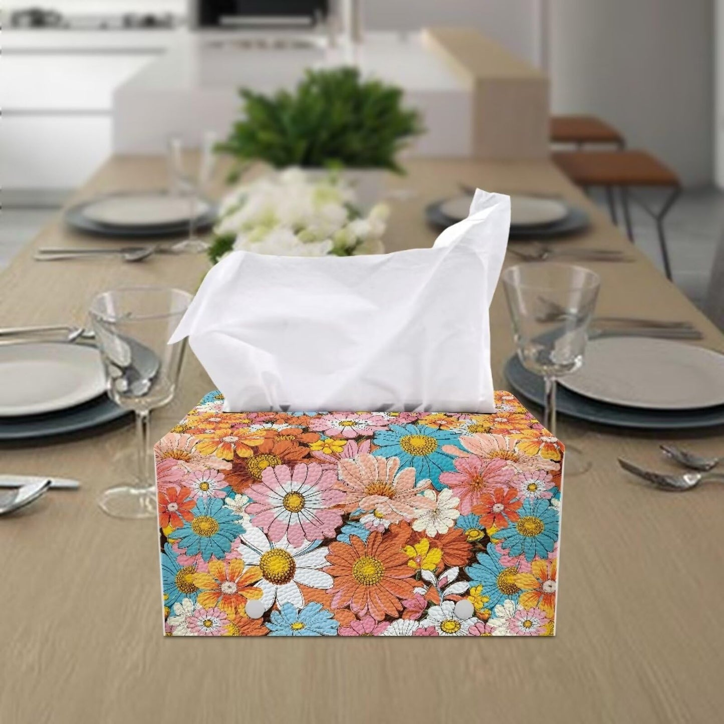YUVAMAGIMO Daisy Leather Box Exquisite and Lovely Rectangular Tissue Box Cover Cubic and Shaped Reusable Facial Tissue Box Cover Suitable for Girls' Dressing Table Countertop Decorative Room