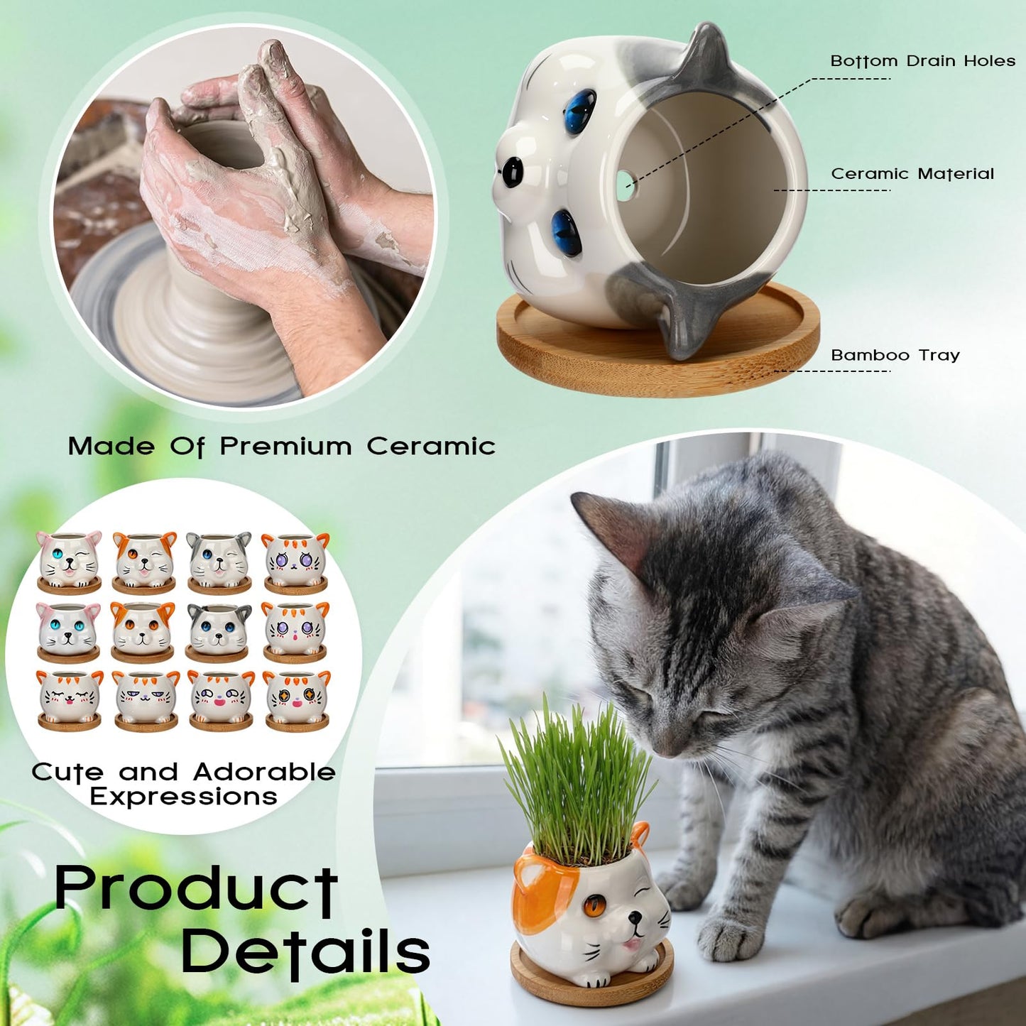 Cindeer 18 Pcs 2.5 Inch Cat Ceramic Succulent Planter Pots – Cute Cat Small Pots with Drainage Hole and Bamboo Tray for Succulents, Cactus, Home Garden Office Desk Decoration Gift Ideas