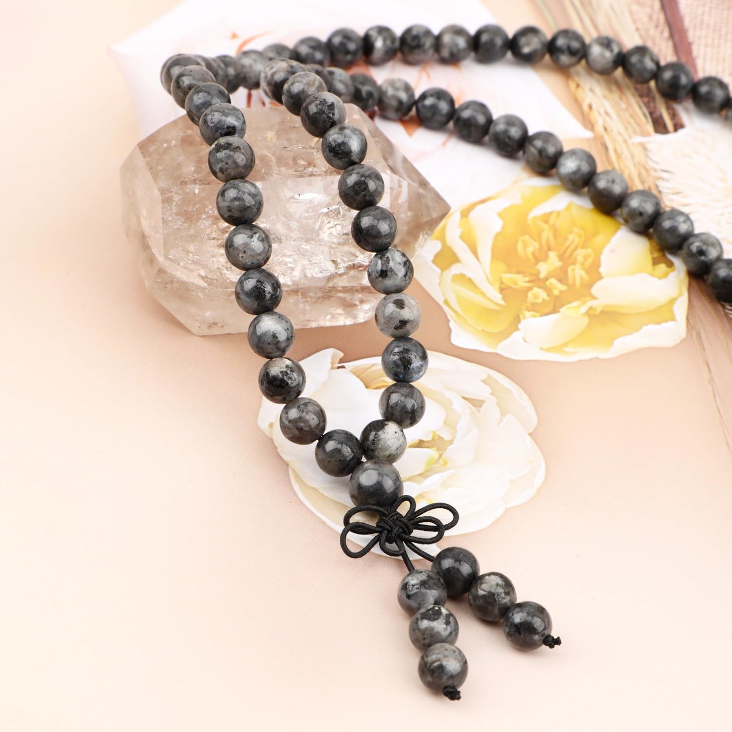 AD Beads 8mm 108 Prayer Mala Larvikite Labradorite Elastic Bracelet - Balance - Handmade Yoga Meditation Healing Power Energy Gifts for Unisex Adult.