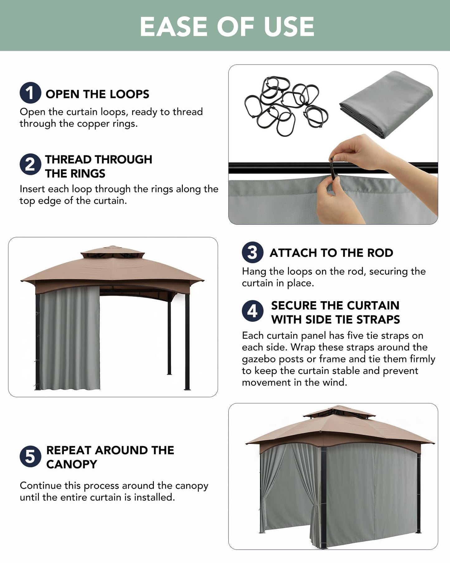 RichSets Gazebo Curtains Outdoor Waterproof - 10'Wx10'Lx7'H Weatherproof Patio Pergola Outside Curtains, Gazebo Universal Replacement Privacy Curtains, 4 Panels Sidewall Drapes with Zipper, Grey