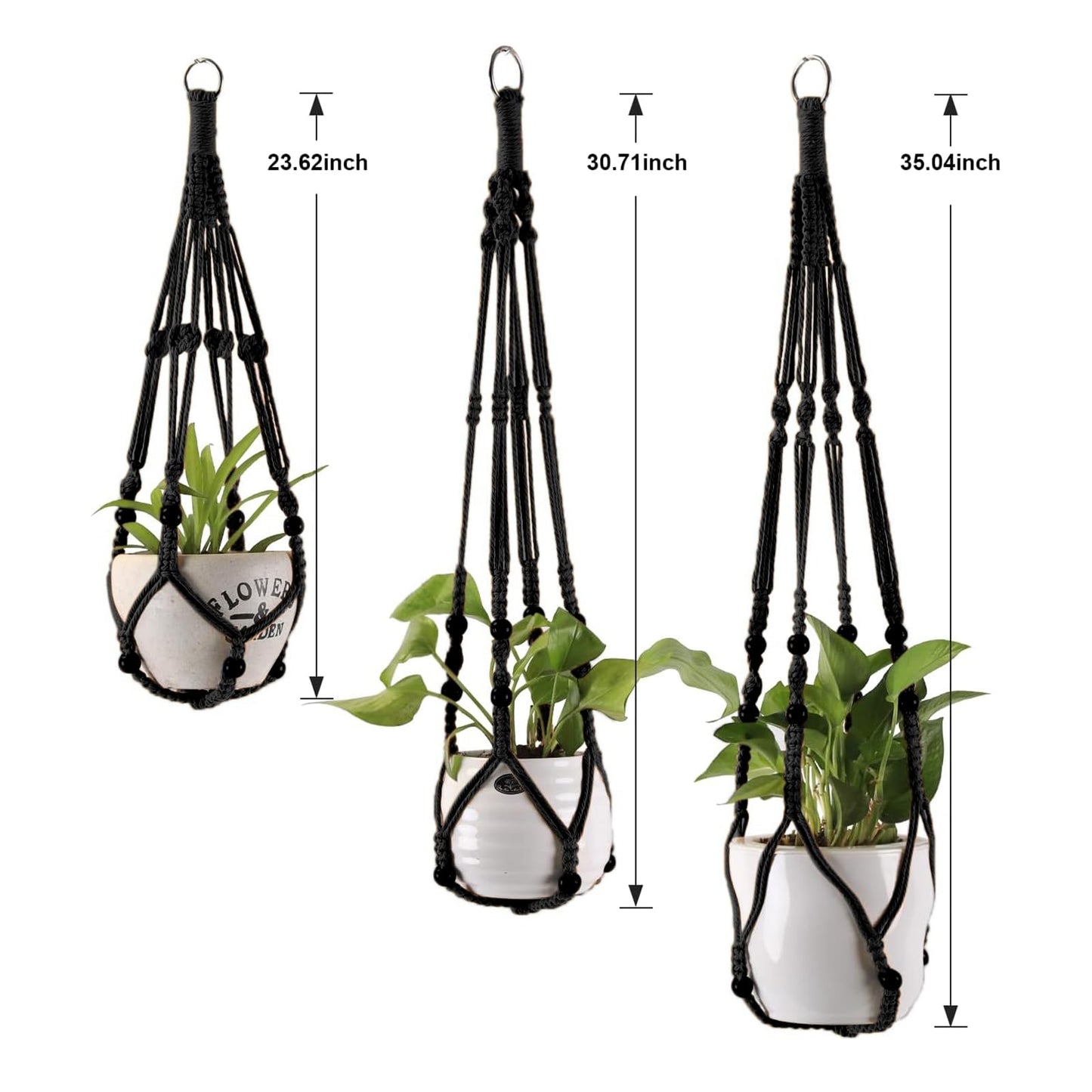 MKO SHUN 3-Pack Macrame Plant Hanger Indoor - Hanging Planter Basket for Indoor Outdoor - Decorative Boho Plant Holders Set with Beads - Ceiling Flower Pot Holder with 6 Hooks - 35"/30"/24" Black