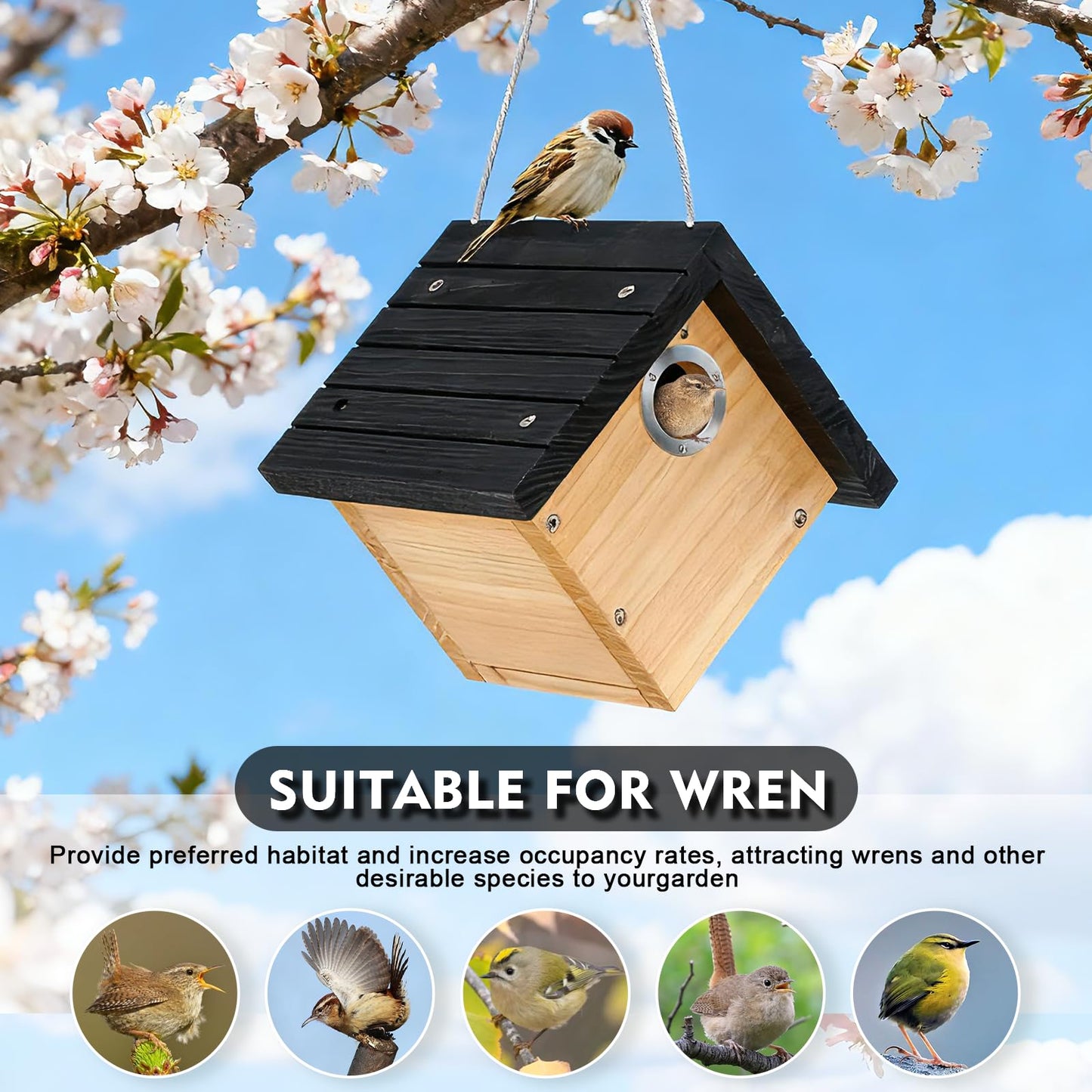 Gtongoko Hanging Wren Bird Houses for Outside, Cedar Wooden Bird Houses for Outdoors, Bird Nest with Air Vents, 1-1/8"Entrance Hole, Clean Door for Wildbird Watching, 1 Pack Black
