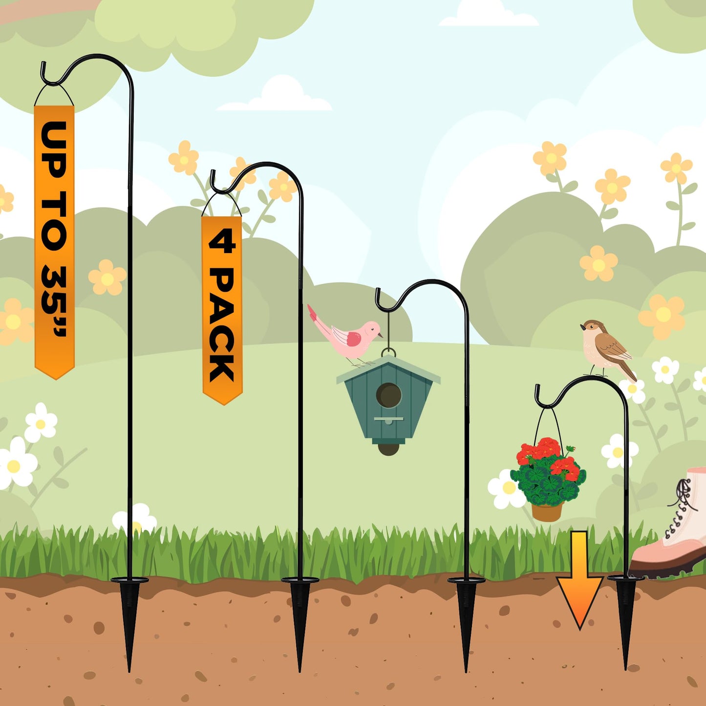 Shepherds Hooks for Outdoor - Set of 4 Adjustable Garden Poles for Bird Feeders, Solar Lanterns, Wind Chimes, Hanging Plants - Shepards Hook Ground Stakes For Perfect Outdoor Landscape Decorations