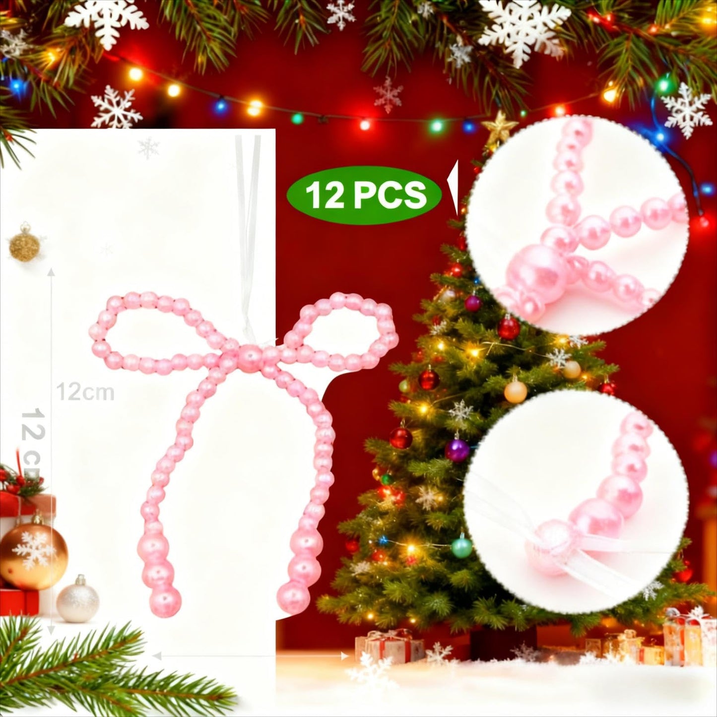 12 Pcs Pearl Bow Christmas Ornaments Pink Bowknot Tree Topper Decor Xmas Hanging Ornament Pendant Decoration