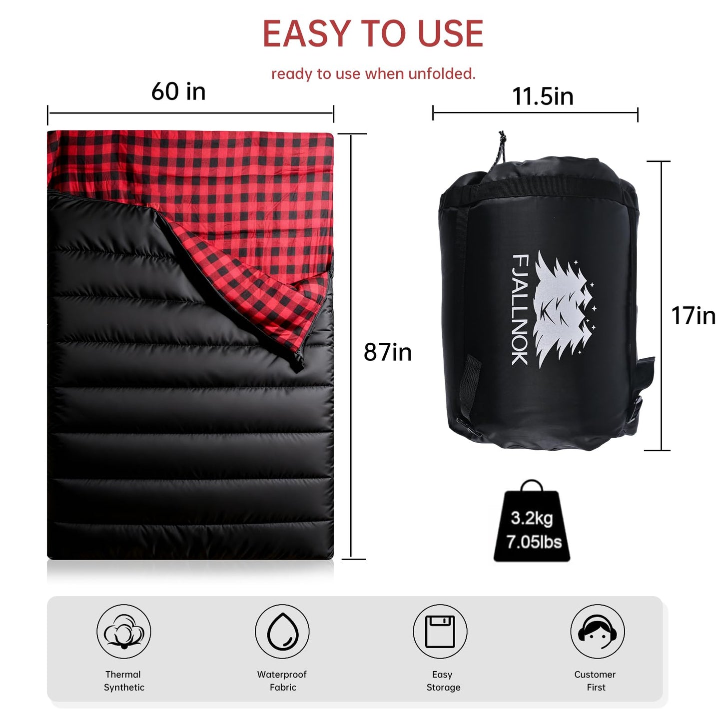 FJALLNOK Double Sleeping Bag Cotton Flannel for Camping, Backpacking Or Hiking. Waterproof,Queen Size Two Person Sleeping Bags for Adults Or Teens. Lightweight with Compression Sack (Black/Red)