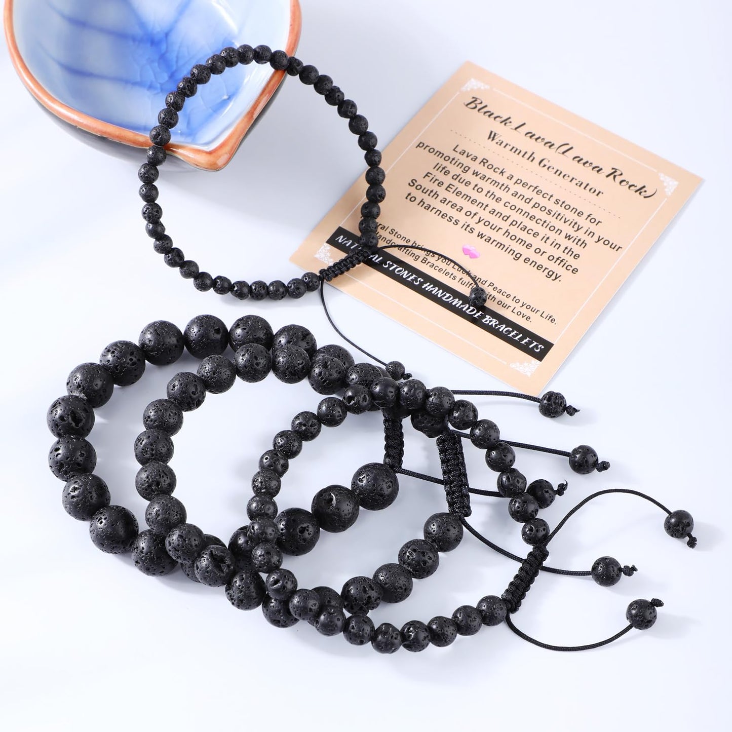 AD Beads 8mm Black Lava - Warmth Generator - Handmade Natural Stone Crystal Bracelet with Adjustable Macrame String - Yoga Healing Power Energy Gifts for Men and Women