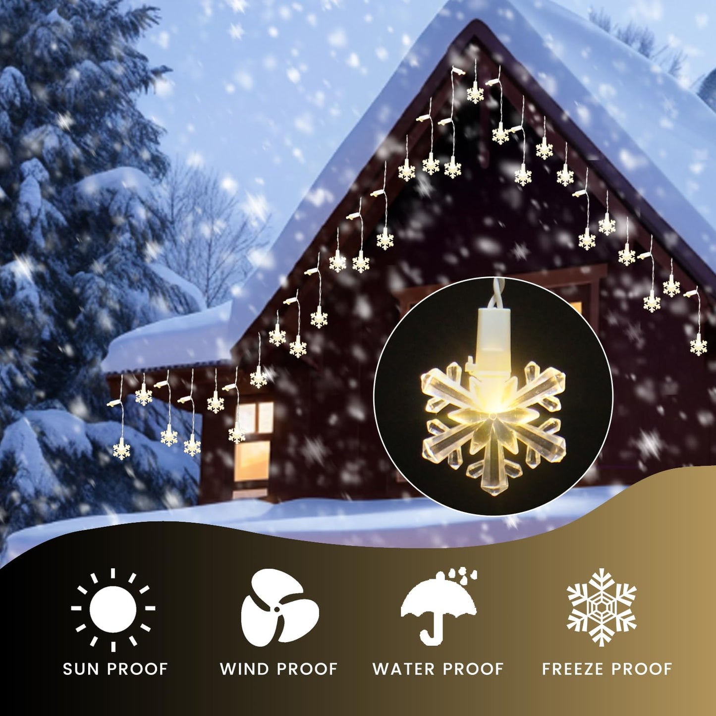 Icicle Lights for Outside 180 Clear Warm White 5MM Led 26.4ft White Wire Snowflake with 8 Mode Function Curtain String Lights Indoor Warm White and Outdoor for roof Patio Garden Bedroom (Remote)
