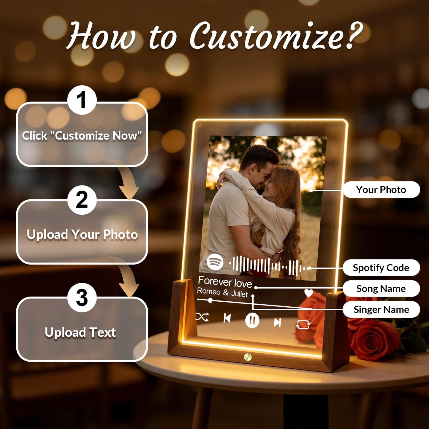 Custom Spotify Plaque, Custom Picture Frames, Light Up Picture Frame for Girlfriend Boyfriend, Acrylic Song Plaque Photo Frame, Personalized Gifts for Women Men Her Him Anniversary Valentines Birthday