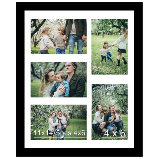 JCJMY 11x14 Picture Frame, 4x6 Collage Picture Frame, Display 5 Pcs 4x6 Photos or 11x14 Picture, Five Opening 4x6 Collage Frame for Wall Hanging, Lightweight 4 x 6 Multi Pictures Frame, Black