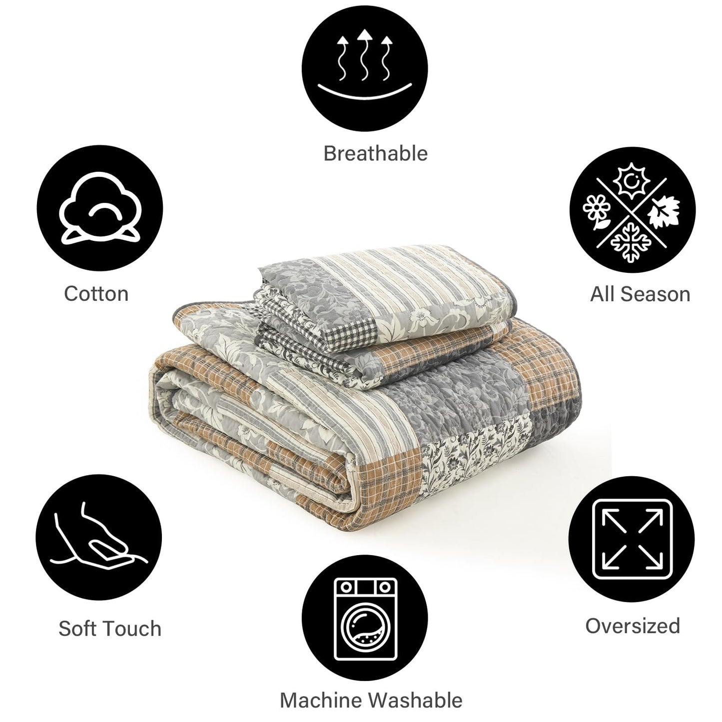 PANGUSHAN 100% Cotton King Quilt Bedding Set, Quilt King Size, Floral Patchwork Quilted Bedspread, Lightweight Comforter King Bed Spread for All Season, 3pcs, Brown/Gray