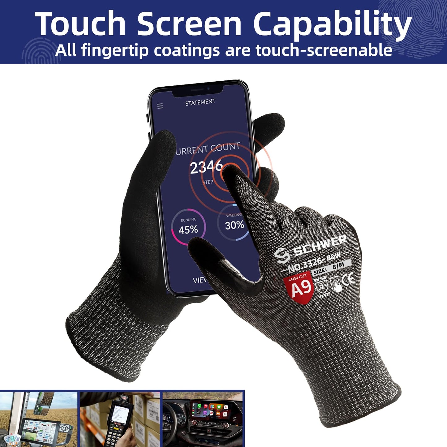 Schwer ProGuard High Level Cut Resistant Work Gloves PR3326 for Extreme Protection，ANSI A9 Cut Gloves with Reinforced Thumb, Non Slip, Breathable, Durable, Touch-screen, Black 1 Pair（L）