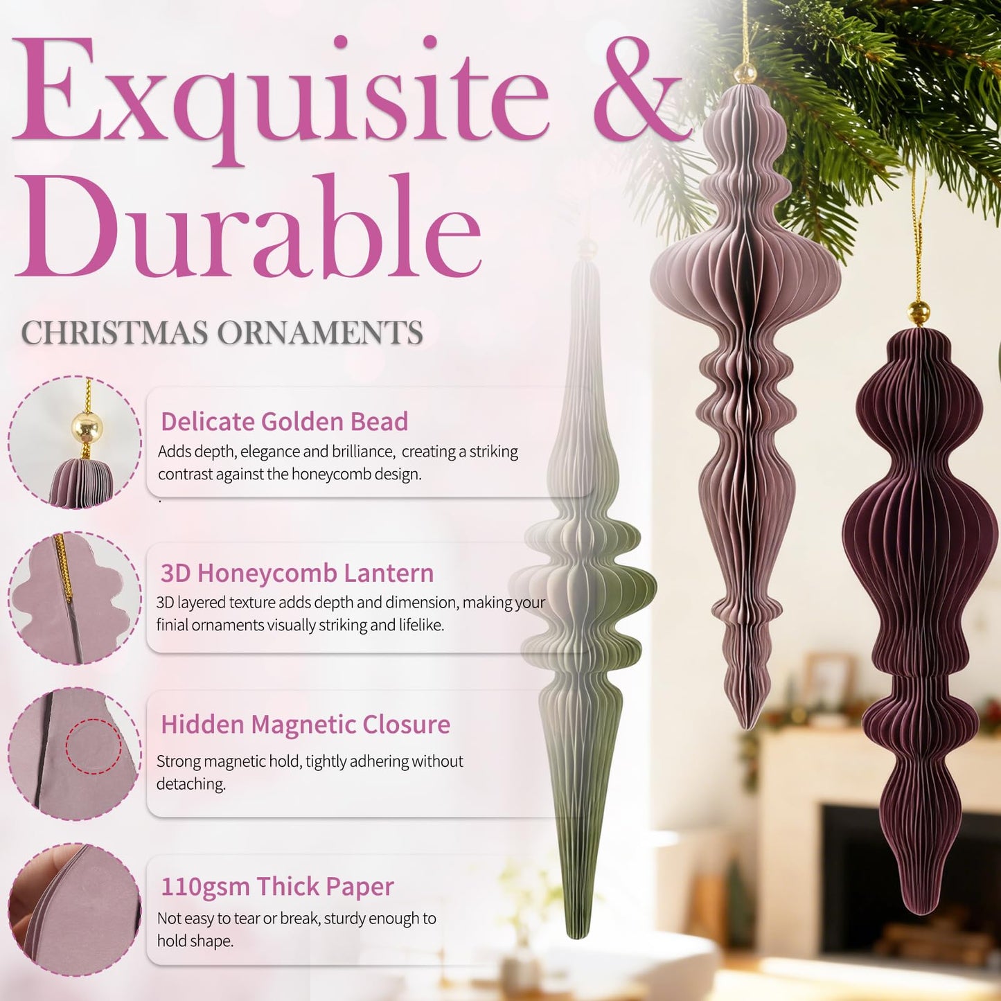 6Pcs Christmas Honeycomb Ornaments for Tree, 3D Paper Honeycomb Hanging Decorations Neutral Finial Christmas Ornaments Lanterns for Xmas Tree New Year Holiday Party Home Decor, Green Pink Gray
