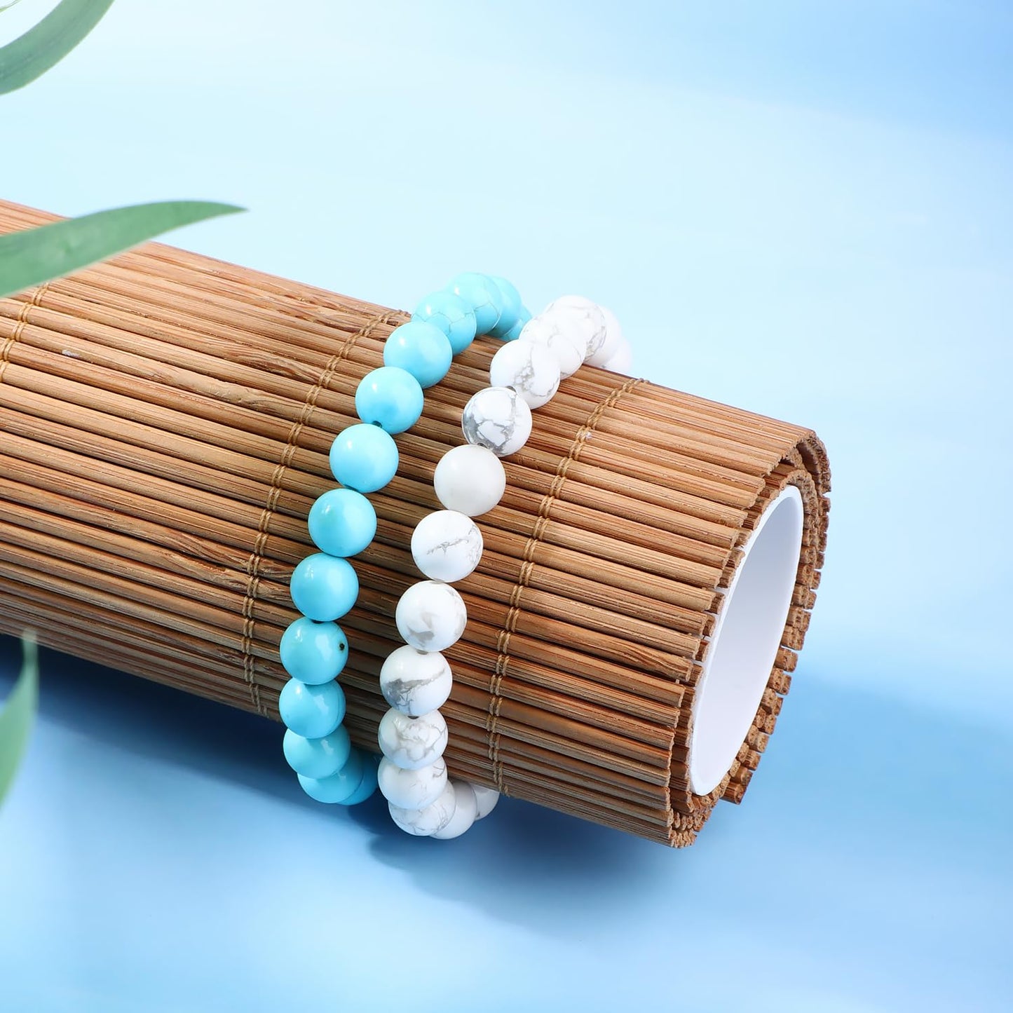 NCB 2-Piece 8mm Natural Crystal Gemstone Stretch Bracelets – ﻿Blue Turquoise, Howlite Handmade Reiki Energy Healing Jewelry for Meditation,Yoga, Unisex
