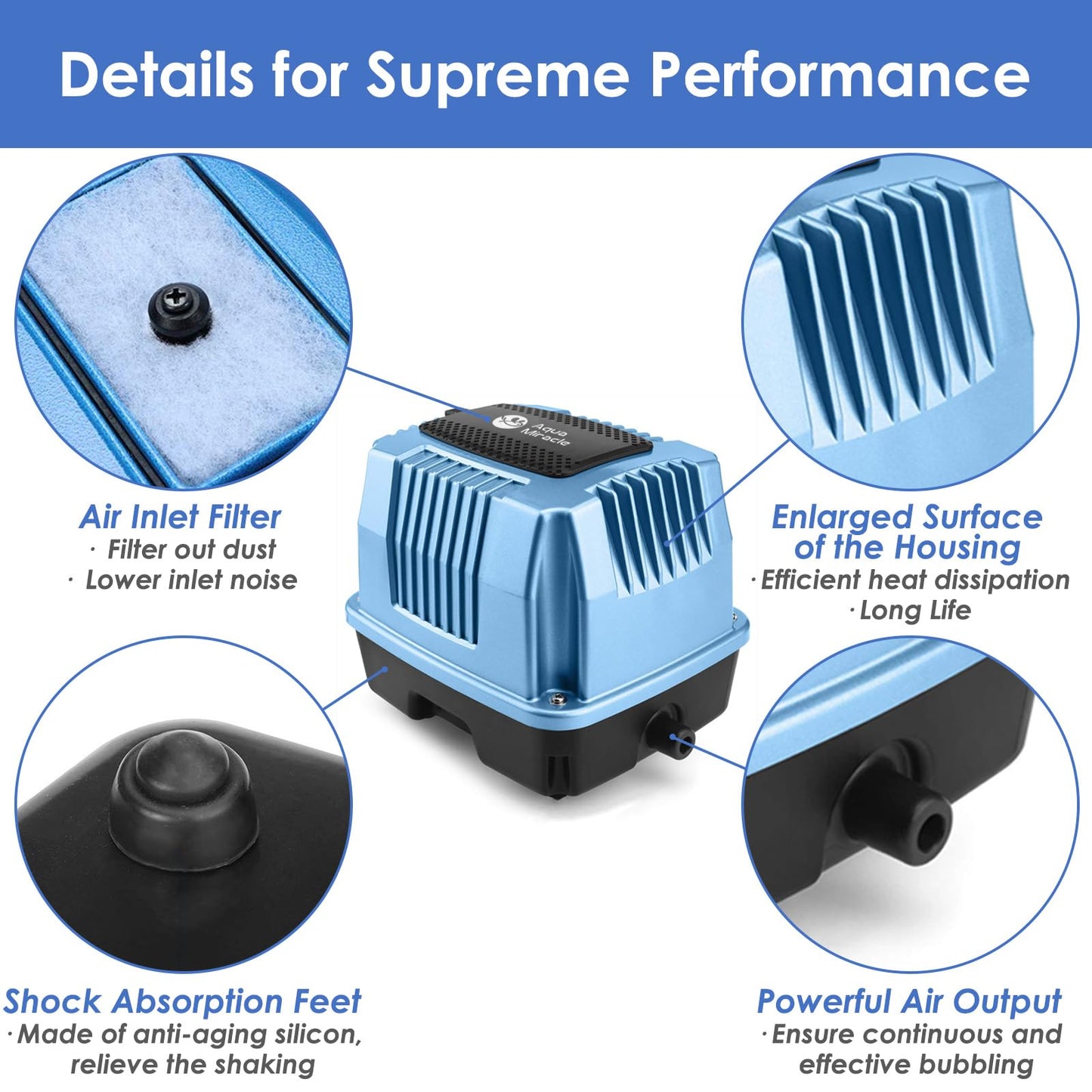 AquaMiracle Super Powerful Linear Air Pump AP-40 Pond Aerator, 635GPH Koi Pond Air Pump Septic Aerator, for Hydroponic, Waste Treatment, Fish Farm, Seafood Restaurant