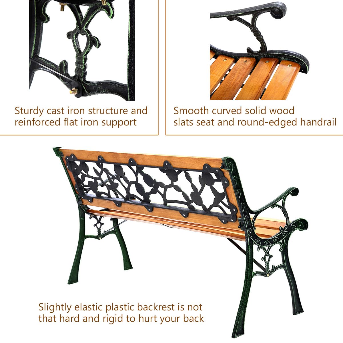 Giantex 50'' Patio Park Garden Bench, Outdoor Furniture Rose Cast Iron Hardwood Frame Porch Loveseat for 2 Person Outdoor Clearance
