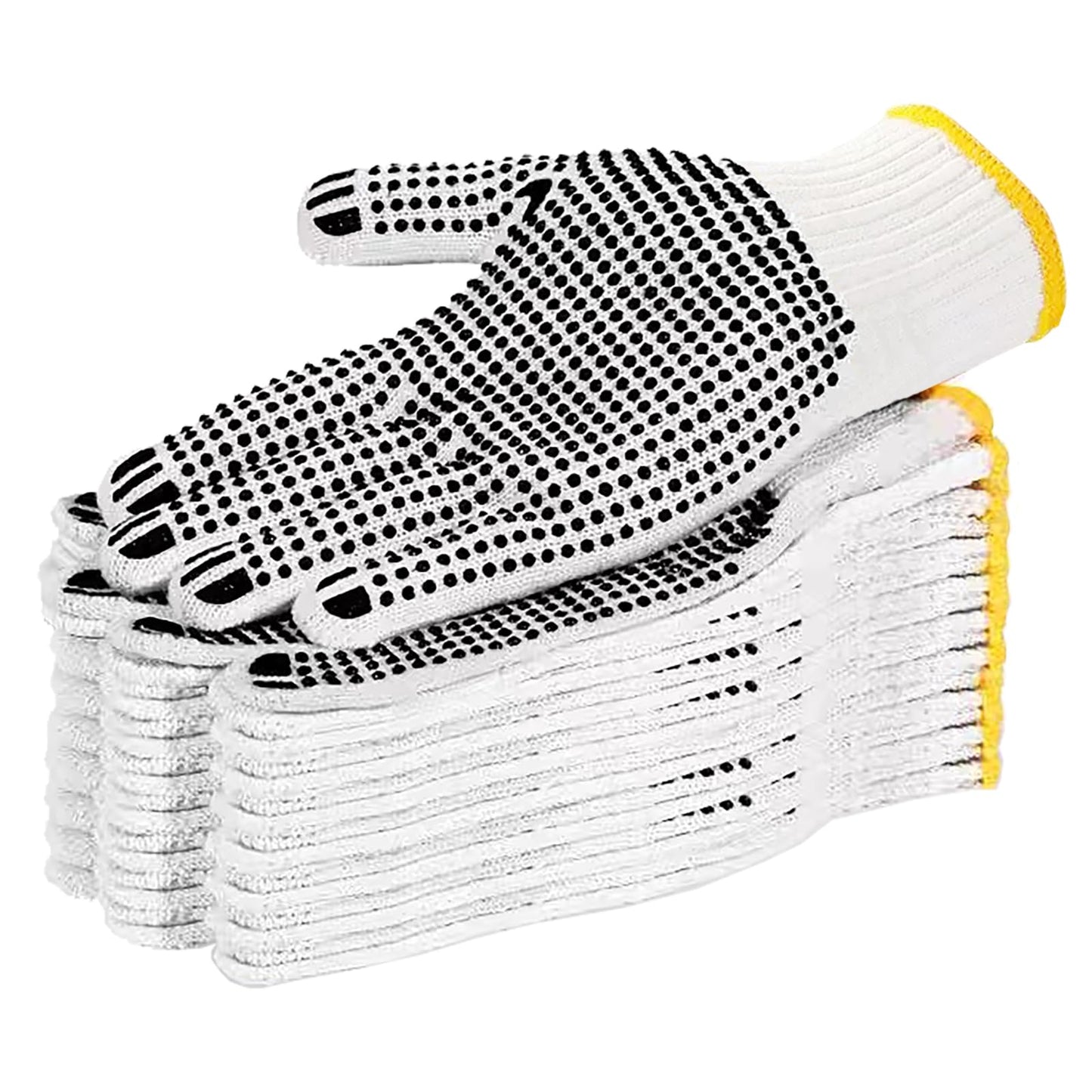 Safety Work Gloves with Anti-slip Dots 12 Pairs White Polyester Knitted Gloves for Garage Warehouse Painter Mechanic Industrial Gardening Construction (Black)