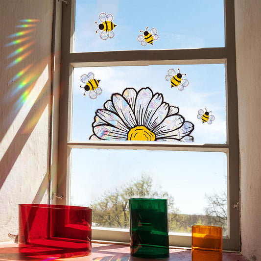 Trantranapa Bee and Sunflower Suncatchers Stickers Prism Glass Decor Anti-Collision Stickers for Birds Vinyl Window Clings Glass Decal for Home Mirror Sticker Flower Window Gels(Bee and Flower)