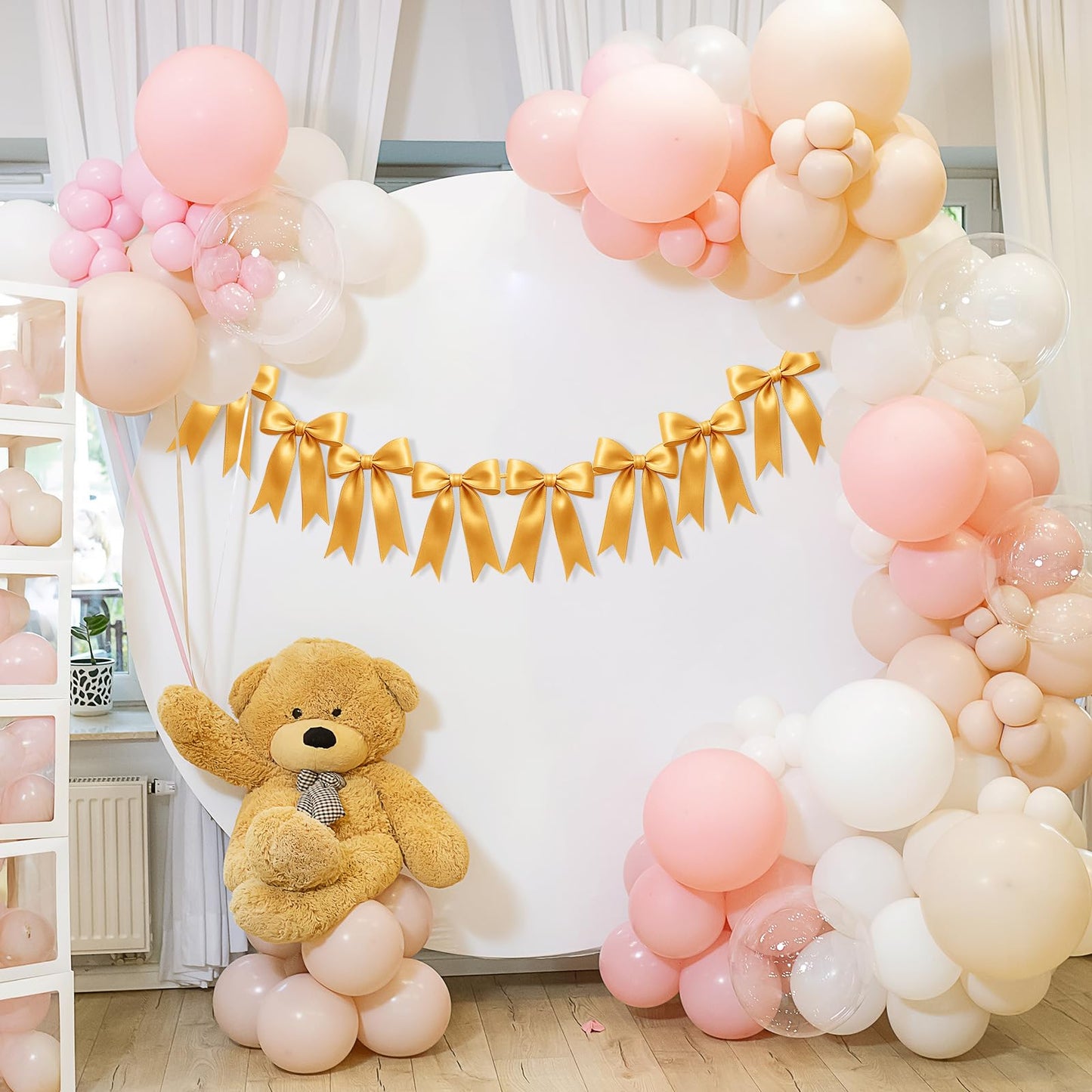 1 String of 8PCS Golden Bow Garland Banner Decoration,Pre-Strung Satin Ribbon Ornaments for Birthday,Bachelorette Party,Bridal Shower,Wedding,Engagement,Baby Shower,Graduation Decor,Anniversary