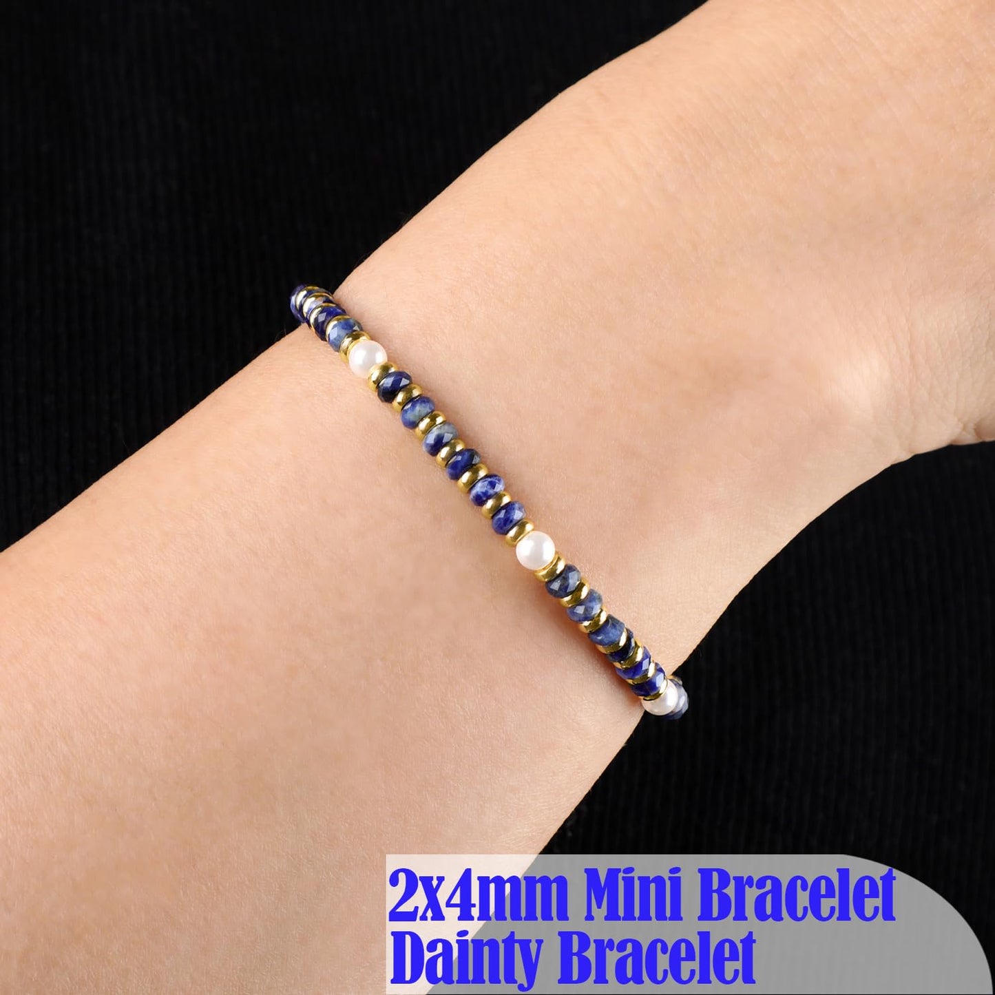 QOGIR Blue Sodalite - Self Confidence - 14K Gold Plated Beads Natural Gemstone Stretch Elastic Dainty Healing Beaded Bracelets Gifts 2x4mm