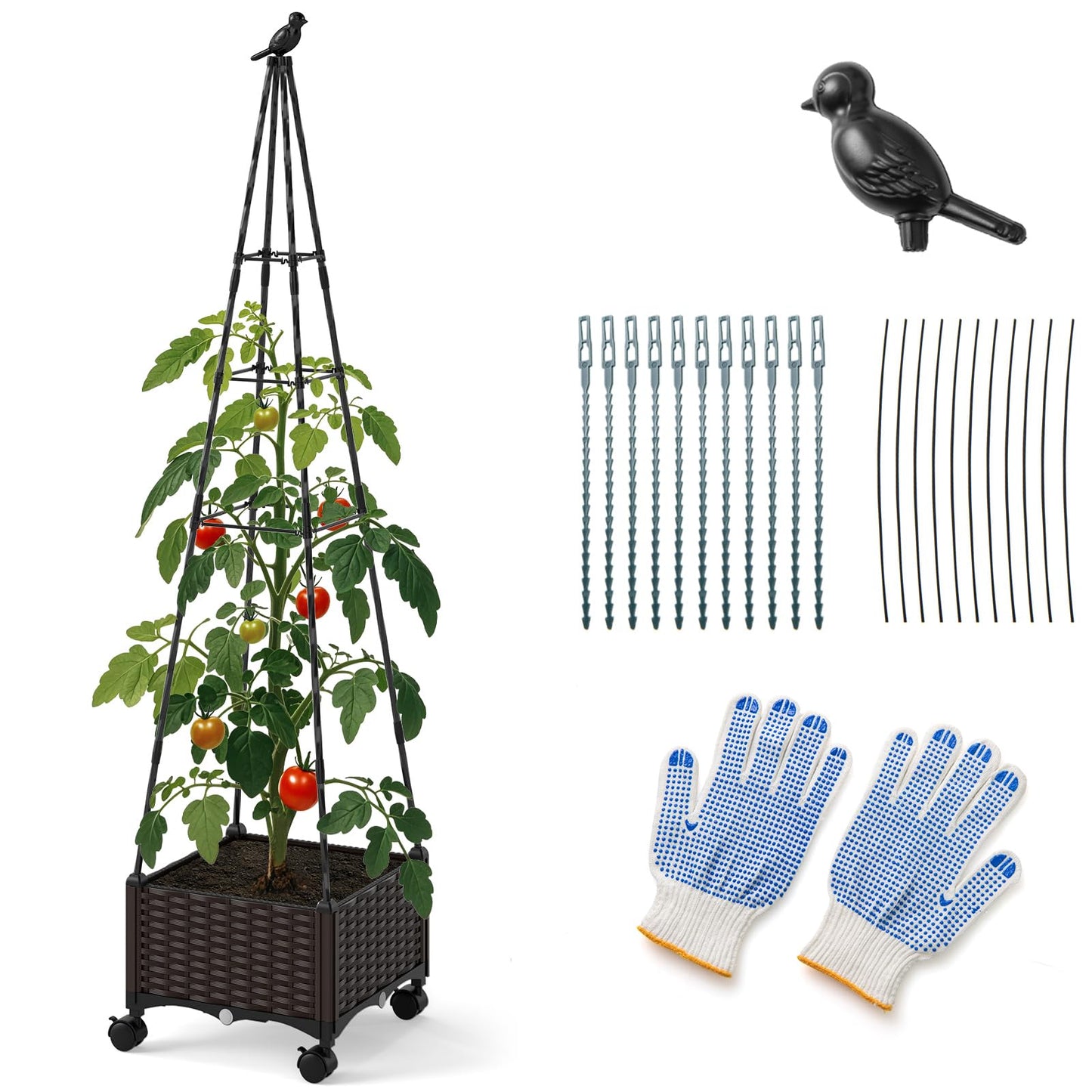 Giantex Raised Garden Bed with Wheels & Tomato Cage, Self Watering Planter Box with Obelisk Trellis, Adjustable Height, Indoor Outdoor Planter for Climbing Plant Flower Vegetable Fruit (1)