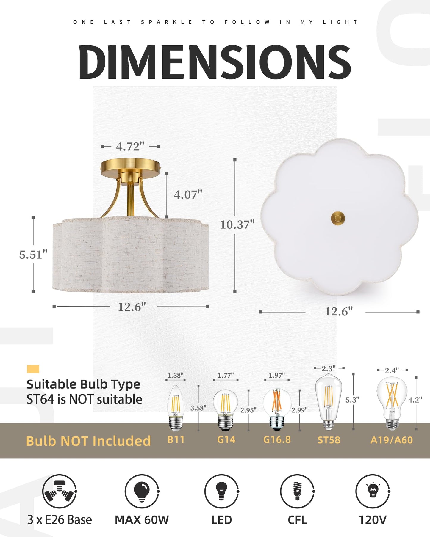 AUTELO 12.6 Inch Semi Flush Mount Ceiling Light,3-Light Brushed Gold Modern Ceiling Light with Flower-Shaped White Fabric, Kitchen Ceiling Light for Bedroom Hallway, C2507 BGS-8