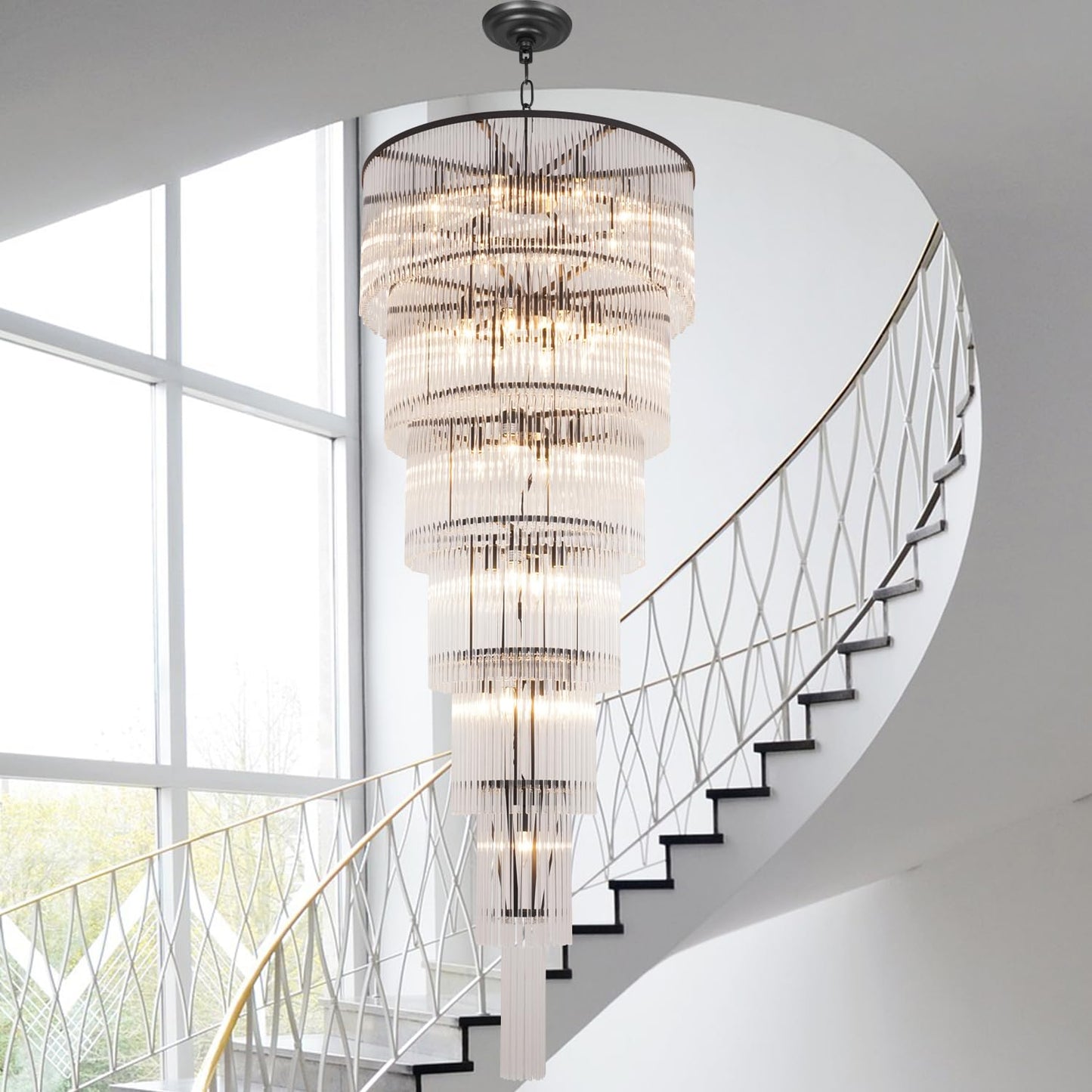 Akeelighting Black Glass Chandeliers for High Ceiling, 7-Tier Glass Rod Chandelier H71 Modern Foyer Entryway Ceiling Light Fixture for Staircase Living Room Entry Extra Long