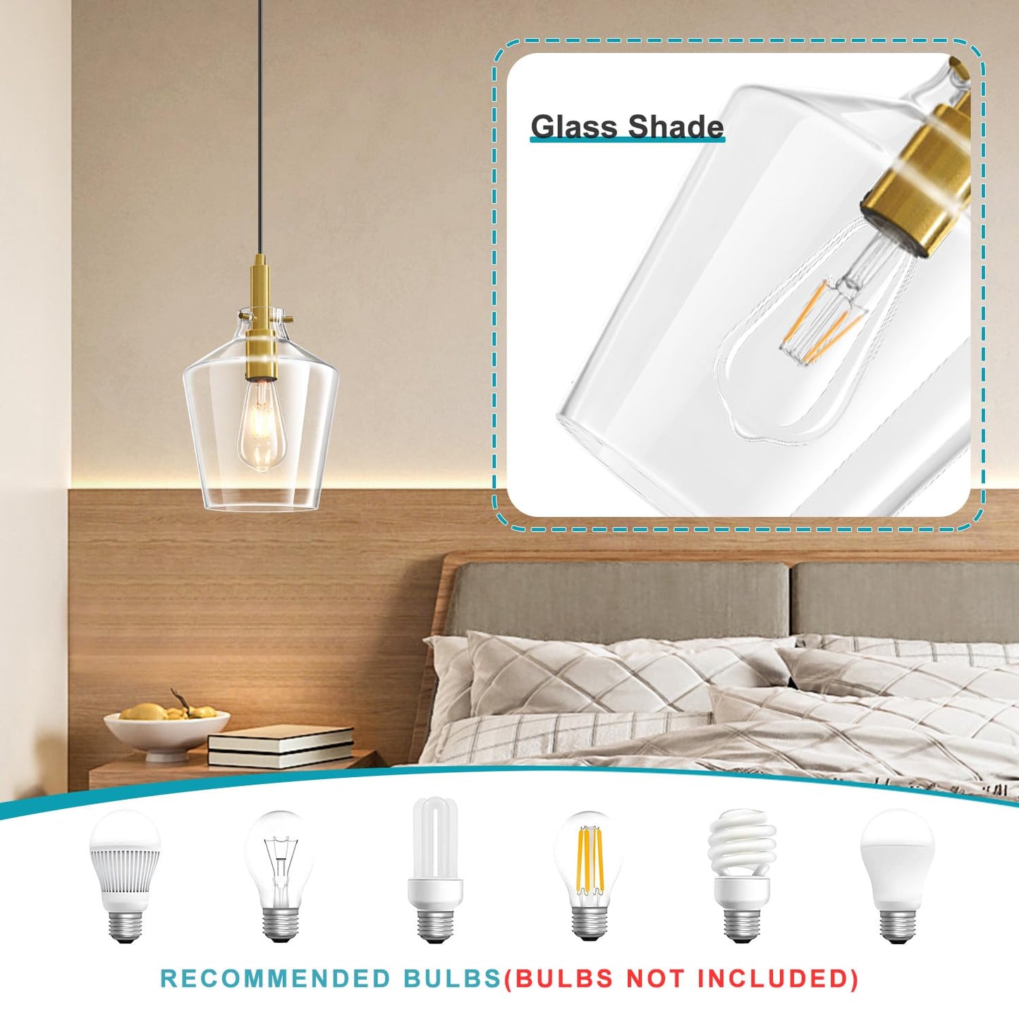 Vaziden Modern Glass Pendant Lighting for Kitchen Island, Farmhouse Gold Pendant Light Fixtures 1 Pack, Adjustable Hanging Ceiling Light Angled Clear Glass Shades 8 Inch