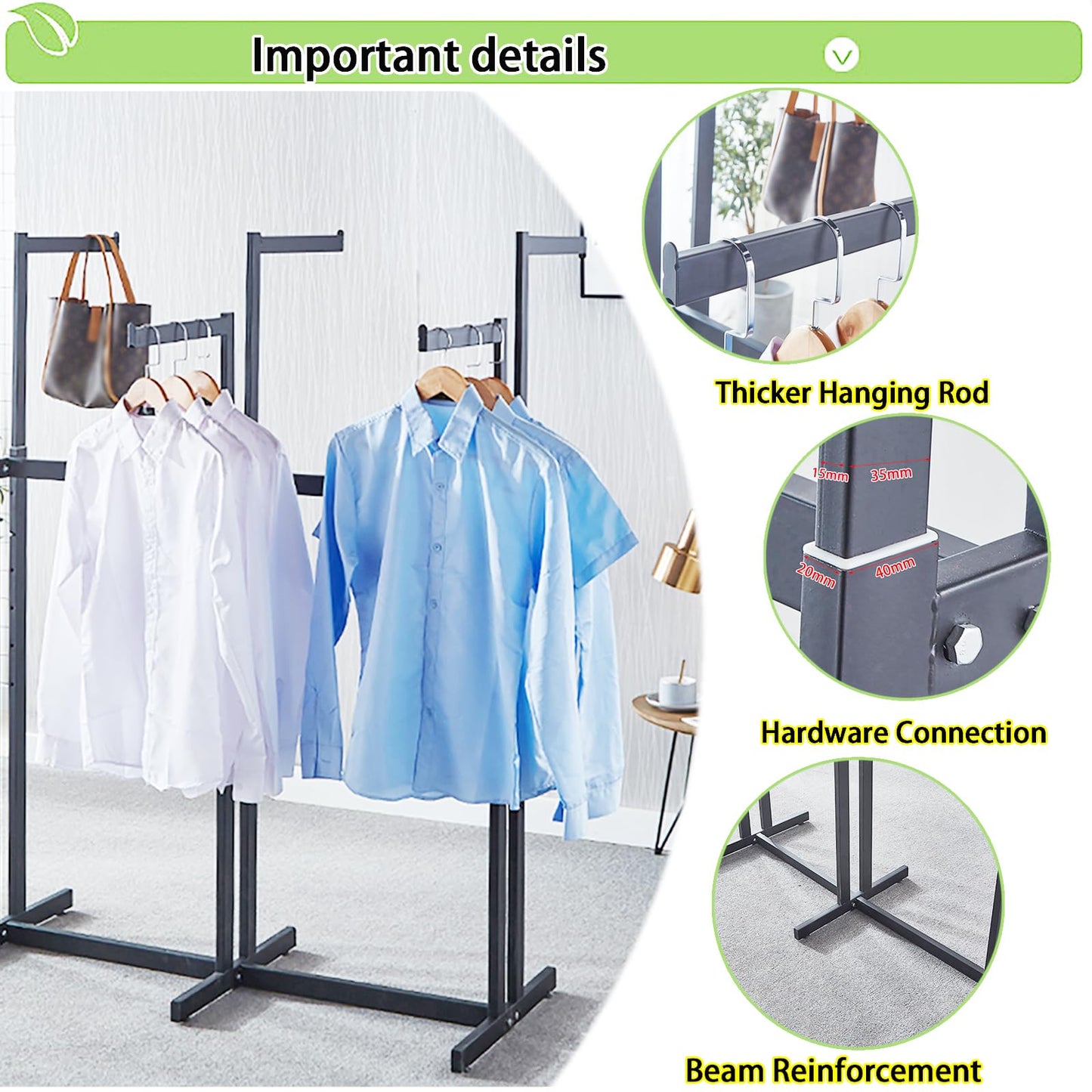 FKKPRVAX Floor Standing Metal Garment Rack - Heavy Retail Display Racks With Wheels, 8 Arms Clothing Rack, Square Tubing Portable Shirt Racks, Merchandise Display For Hanging Clothes (L-Black)