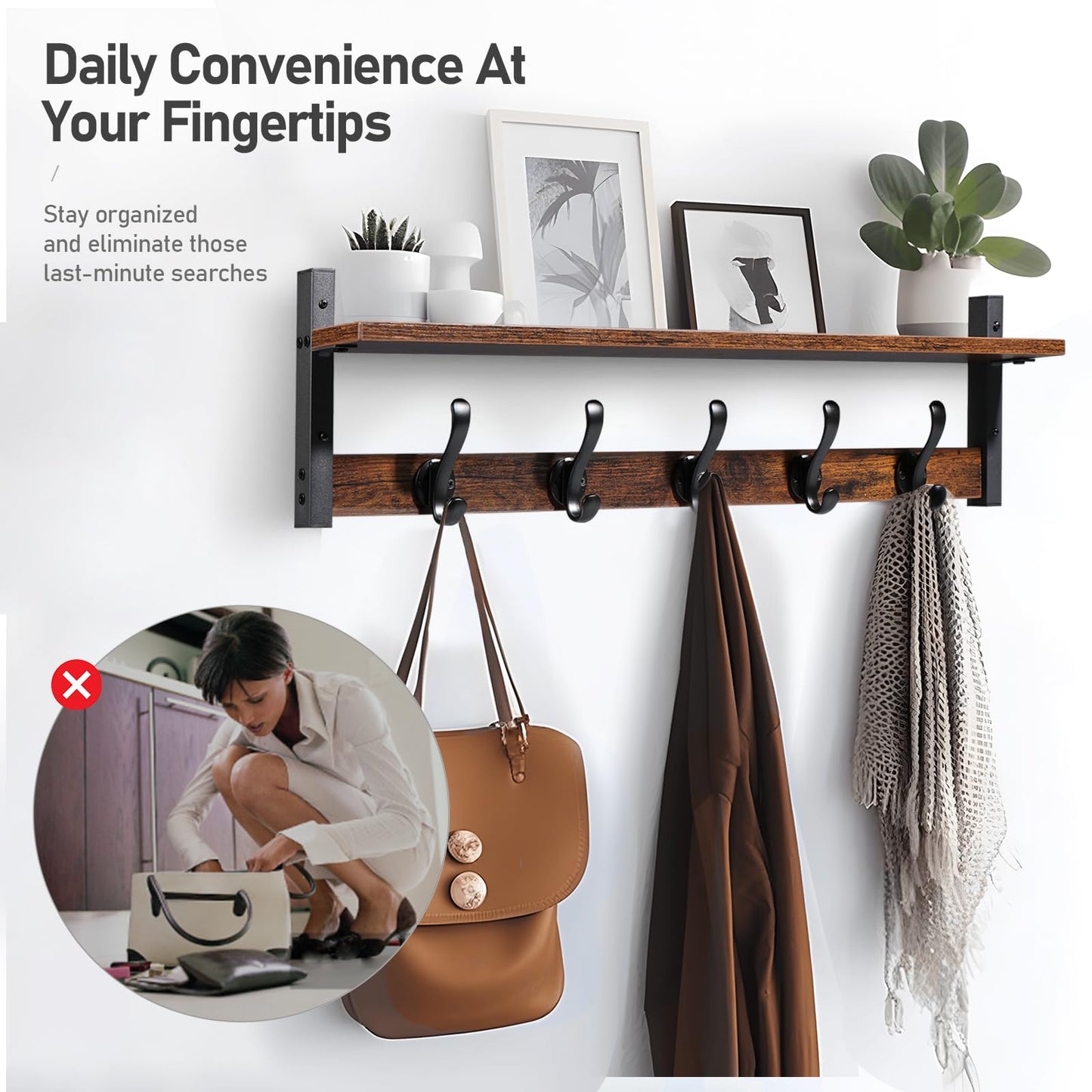 Tatub 29" Rustic Coat Rack Wall Mount with Shelf, Entryway Wall Hooks with Shelf, Coat Hangers for Bathroom, Living Room, Bedroom, Rustic Black