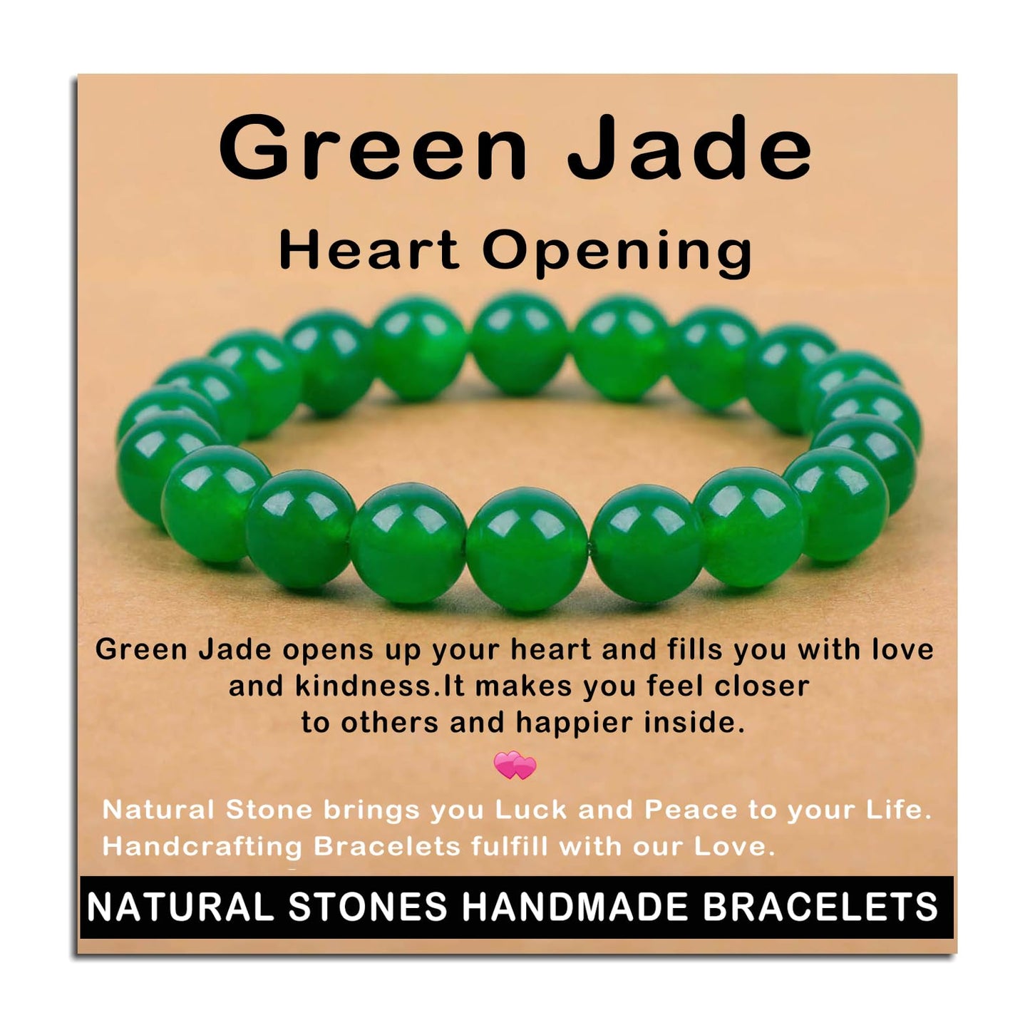 AD Beads Handmade Gemstone Stretch Elastic Bracelet Crystal Healing Reiki Nature's Beauty and Spiritual Essence Unisex (10mm, Green Jade (Heart Opening))