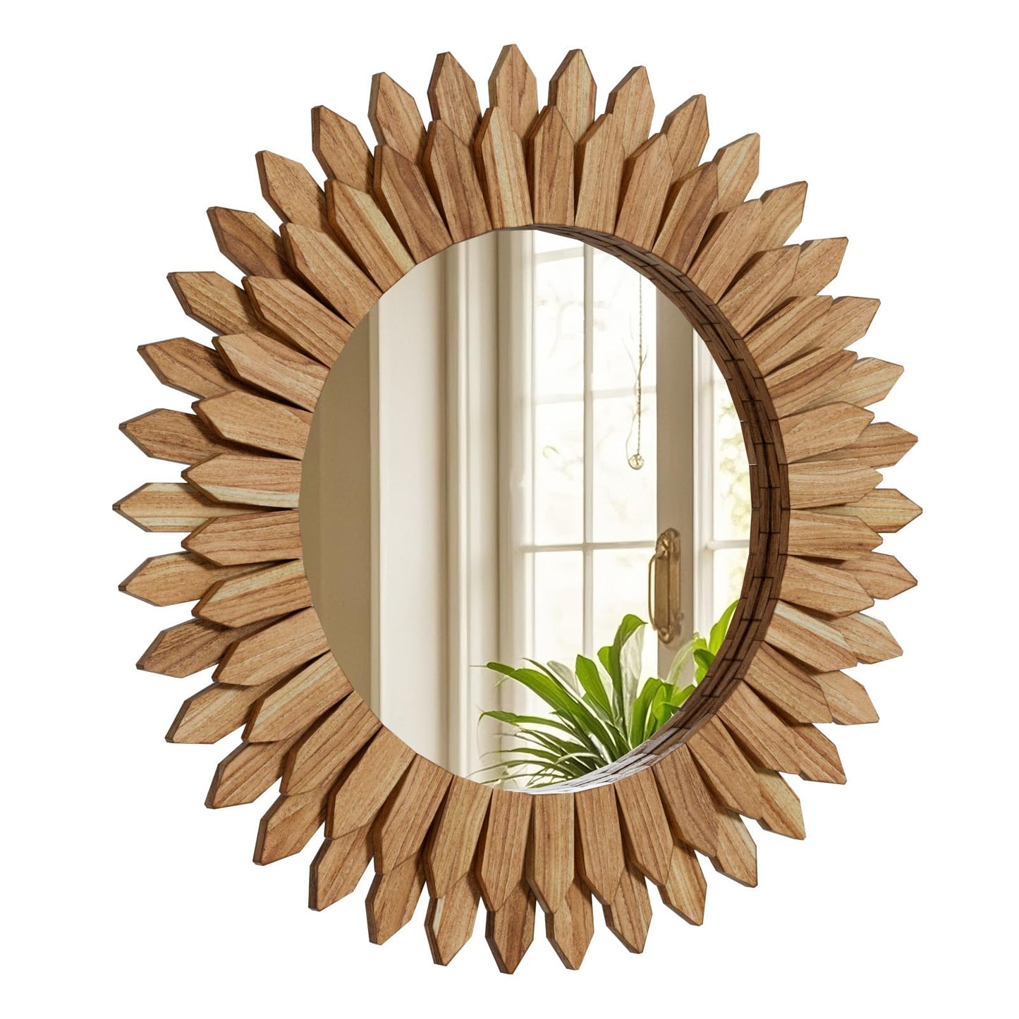 VETROVUE 24 Inch Brown Boho Wall Decor Sunburst Mirror - Round Wooden Wall Decor, Handmade Rustic Circular Mirror for Living Room, Bedroom, Entryway, Office