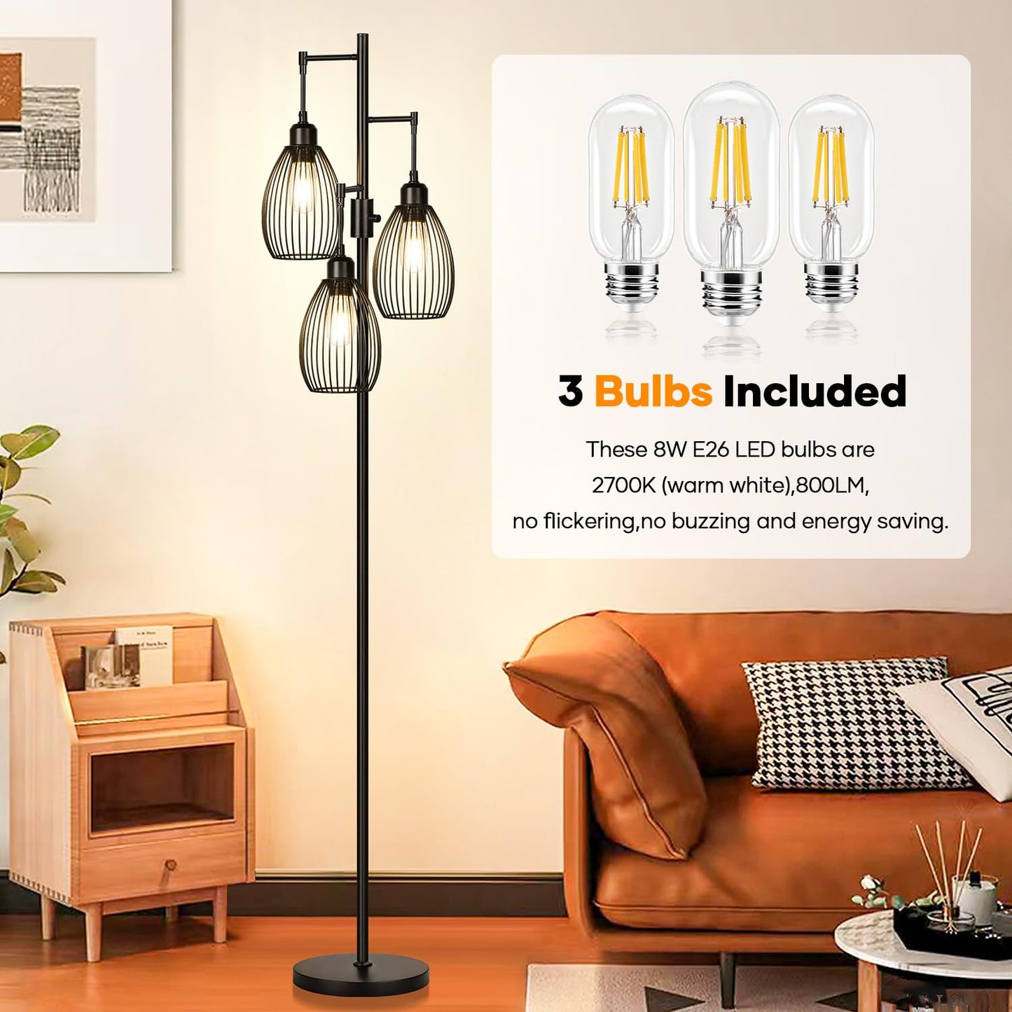 Dimmable Floor Lamp, 3 x 800LM LED Edison Bulbs Included, Farmhouse Industrial Floor Lamp Standing Tree Lamp with Elegant Teardrop Cage Tall Lamps for Living Room Bedroom Office Dining Room-Black