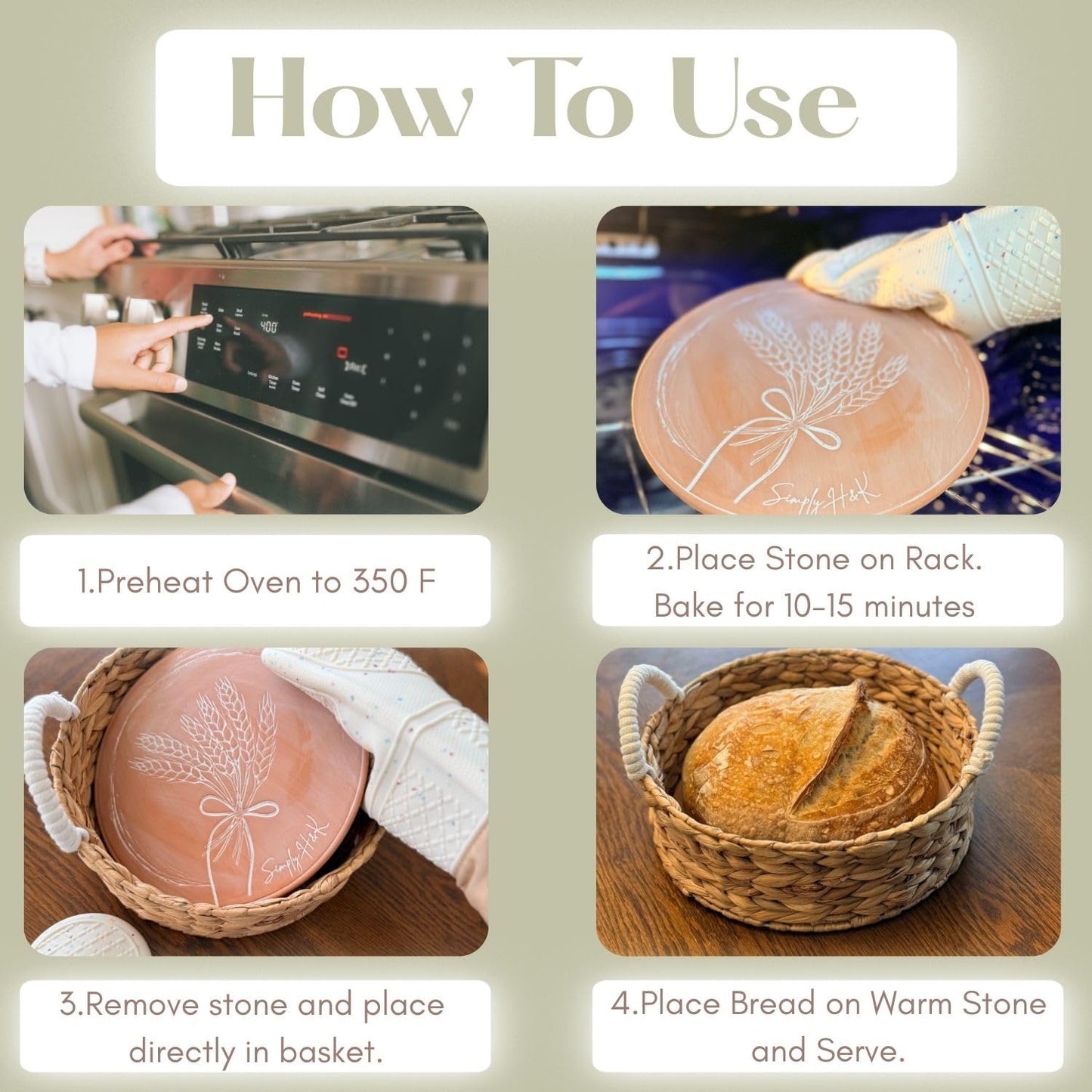 Simply H&K Bread Warmer Basket with Stone - Includes Reusable Bread Bag - 11" Round Basket with 10" Terracotta Stone - House Warming Gifts for Bakers - Instructions for use and cleaning