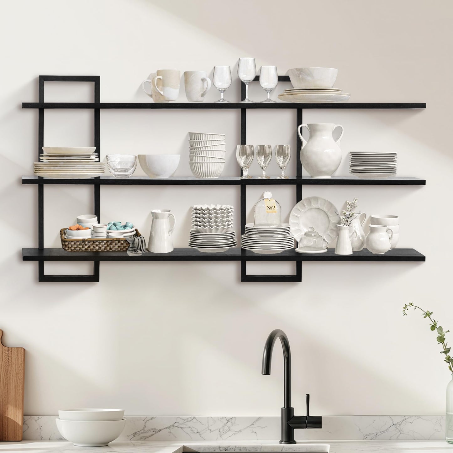 PHOENANCEE 3 Tier Wall Shelves,Decorative Floating Shelf for Wall,Plants Photo Shelf Storage Display Shelving Wood for Living Room Bedroom Kitchen Home Office Decor,Modern,Large,22 Inch(Black)