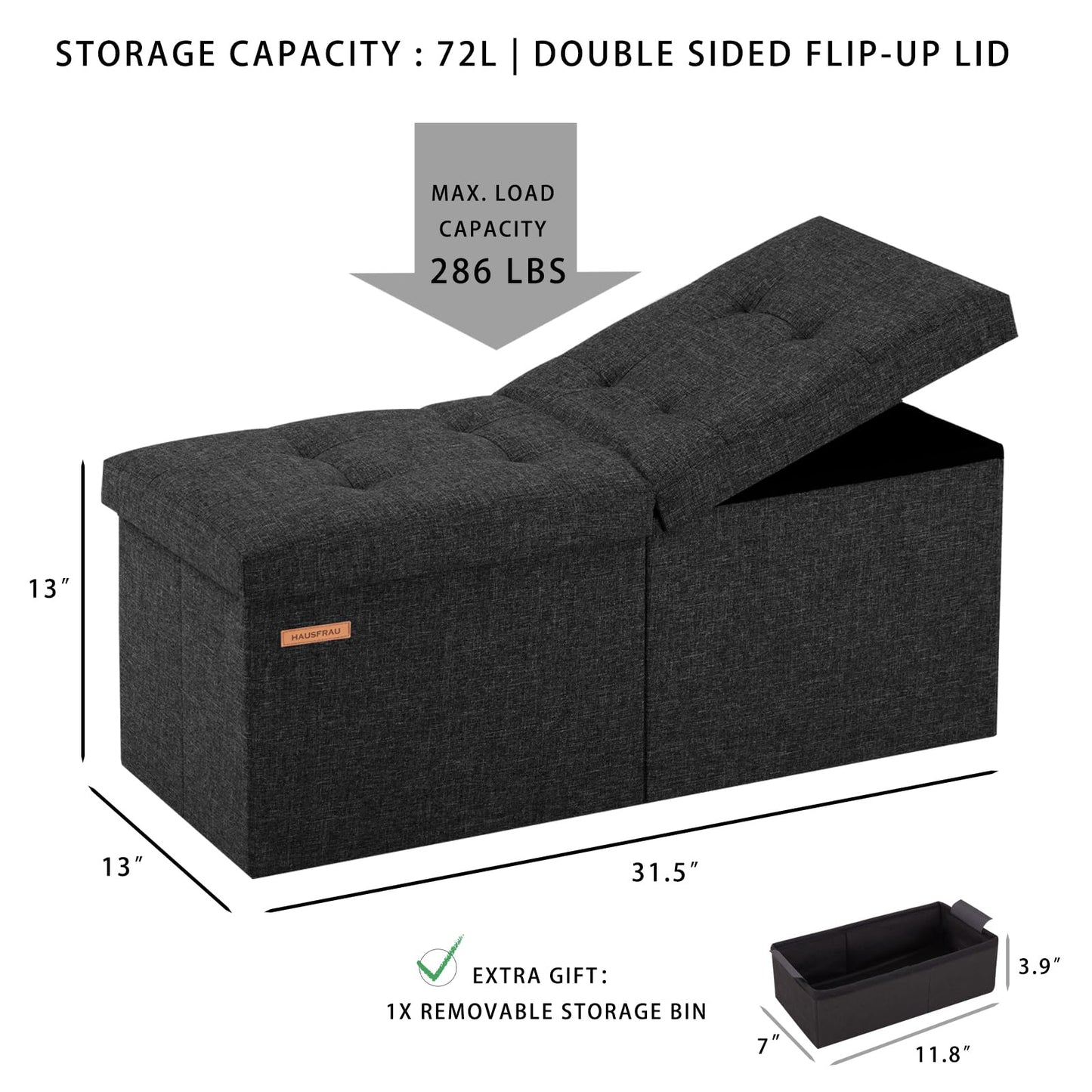 HAUSFRAU 31.5 Inches Ottoman with Storage, Folding Ottoman Bench Small Foot Rest Stool, Bedroom Bench with Flipping Lid, Linen Grey