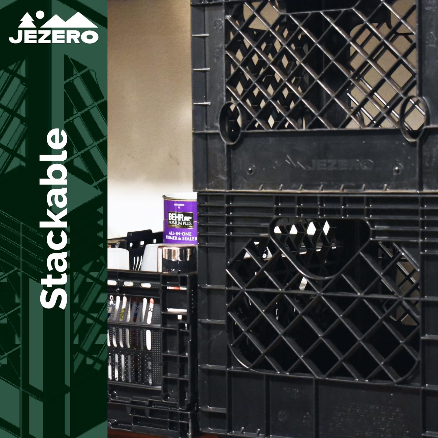 JEZERO 20 Quart Heavy Duty Plastic Crate | Stackable Multi-Purpose Storage Bin for Garage, Home, Office, Groceries, Outdoor, Camping & Kayaking | Black Utility Tote, 17" x 13" x 11"