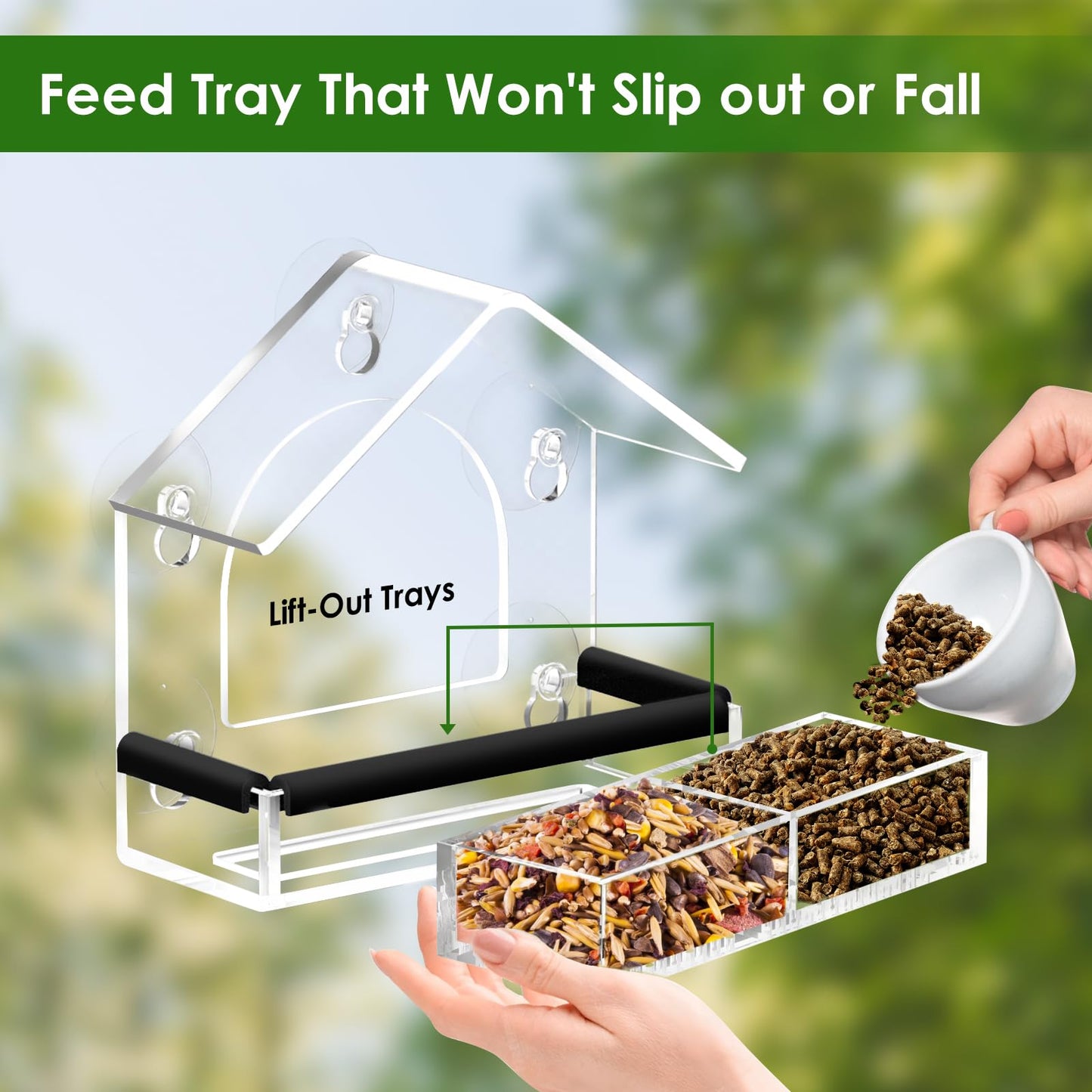 Clear Window Bird Feeder with 5 Extra Strong Suction Cups, DY-SKTY Sturdy and Durable Acrylic Birdfeeders for Viewing Wild Birds Outside, as a Bird Watching Gift, Outdoor Birdhouse Box, Garden Decor