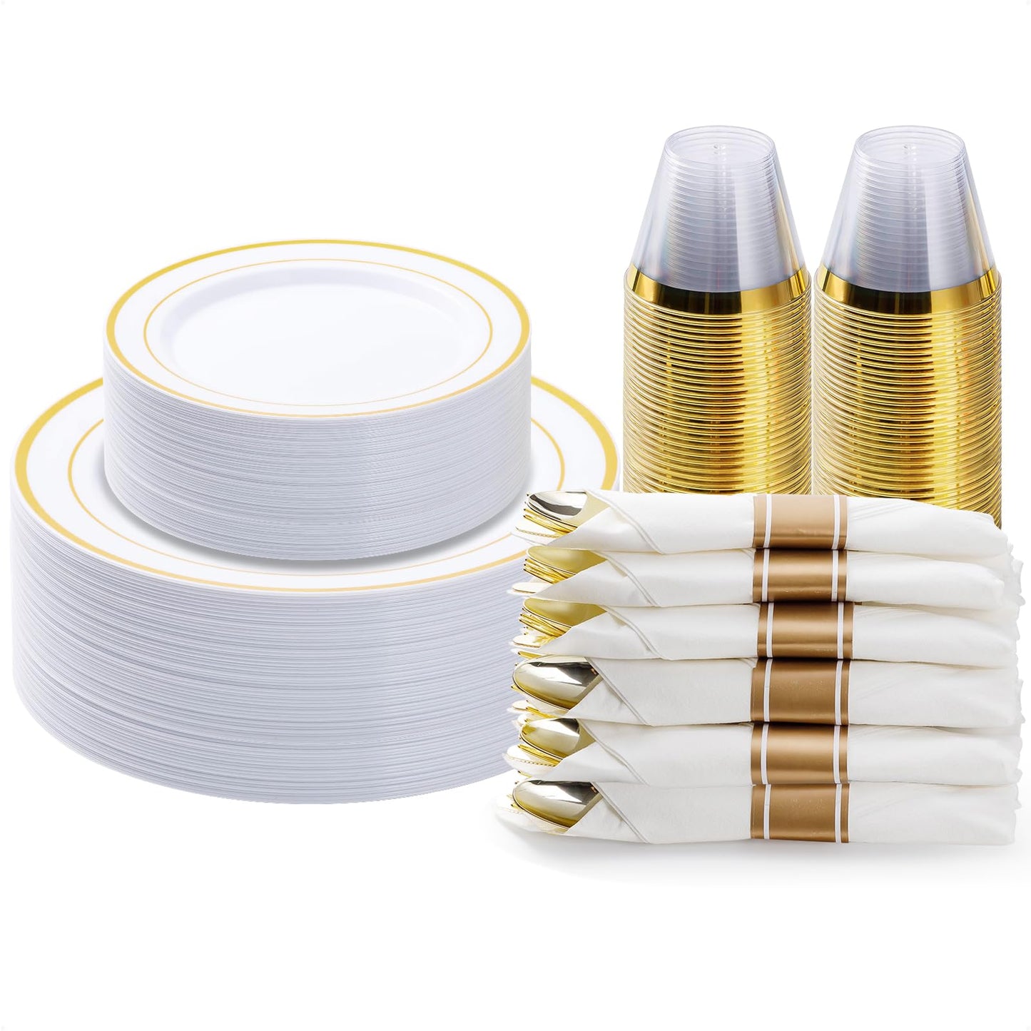 BESTVIP 175PCS Gold Plastic Dinnerware Set, Disposable Party Plates for 25 Guests, Include: 50 Plastic Plates, 25 Pre Rolled Napkins with Gold Silverware, 25 Cups for Christmas, Halloween