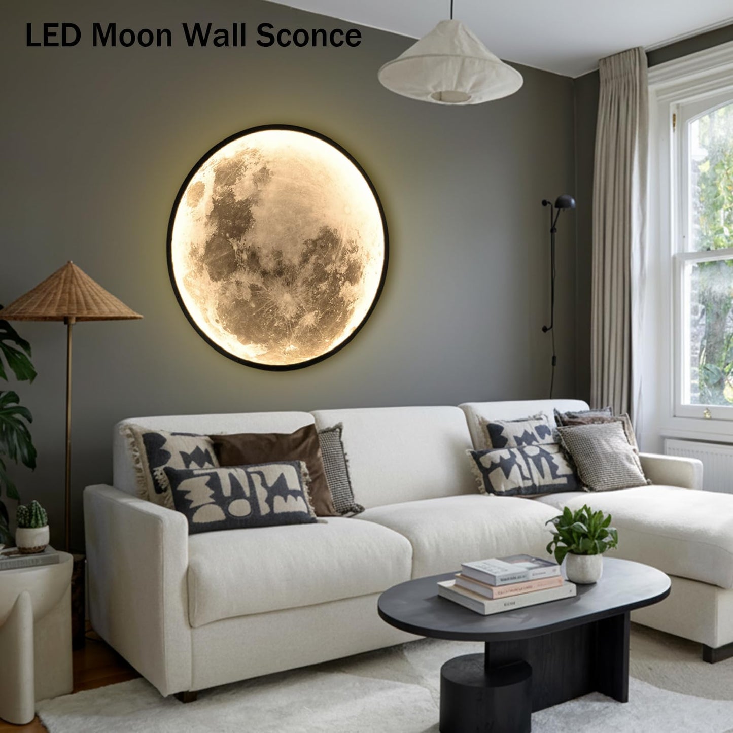 Clcmber Dimmable Moon Wall Light 31.5 Inch Indoor Plug in LED Wall Sconce with Romote Control Black Modern Wall Lamps for Bedroon Living Room Decor Lighted Wall Art