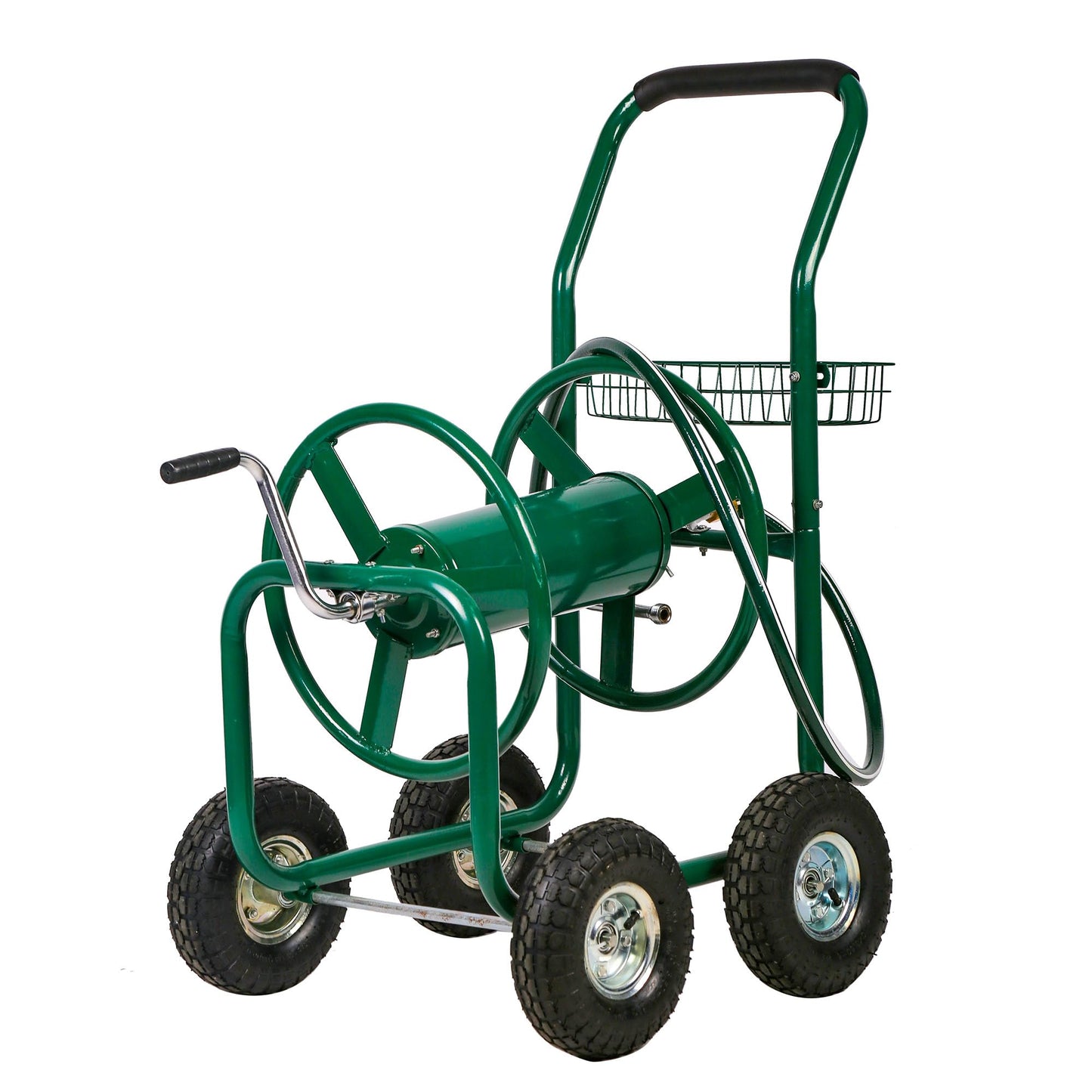 FDW Garden Hose Reel Cart, Water Hose Cart with 4 Wheels, Hold Up to 300 ft of 5/8’’ Hose，Heavy Duty Powder-Coated Steel Planting with Storage Basket, for Garden, Yard and Lawn