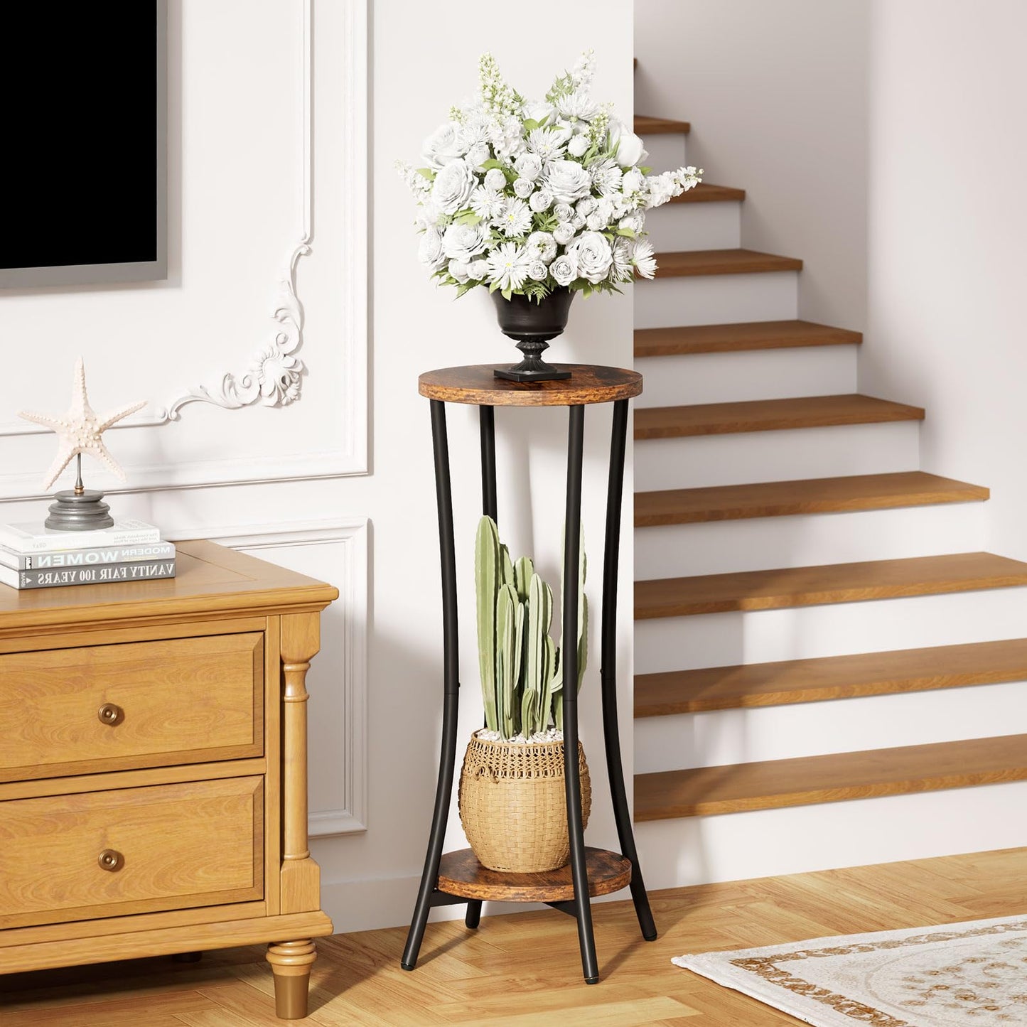 IBUYKE 30 Inch Tall Plant Stand Indoor, 2 Tier Wood Corner Plant Stand, Modern Round Plant Shelf Flower Stand for Living Room Patio Balcony Garden, Rustic Brown TMJ074H