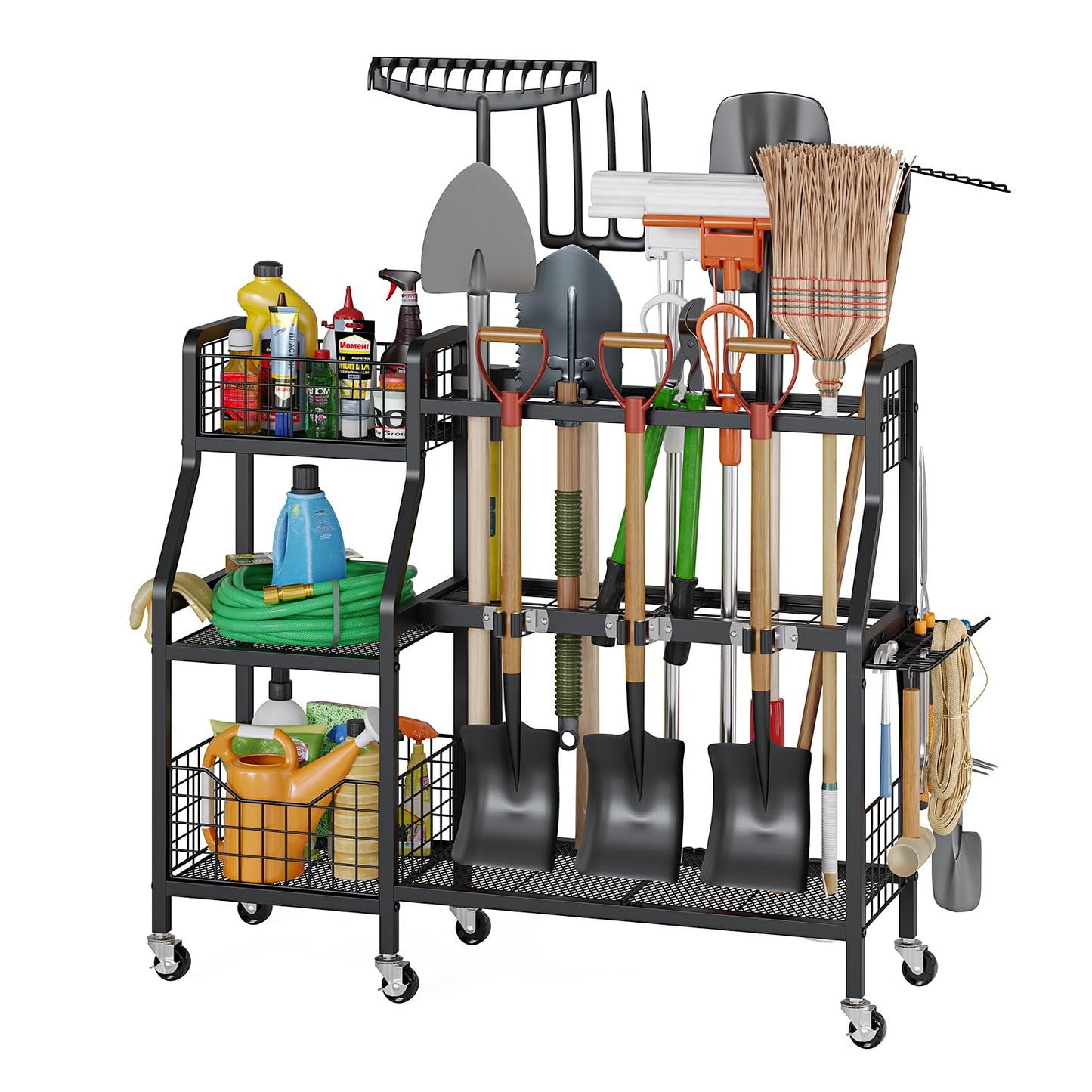 keomaisyto Garden Tool Organizer with 6 Wheels(3 lockable), Heavy Duty Yard Tool organizer with 2 Basket, Large Metal Garage Tool Organization and Storage for Garage/Shed/Yard/Broom Closet/Lawn