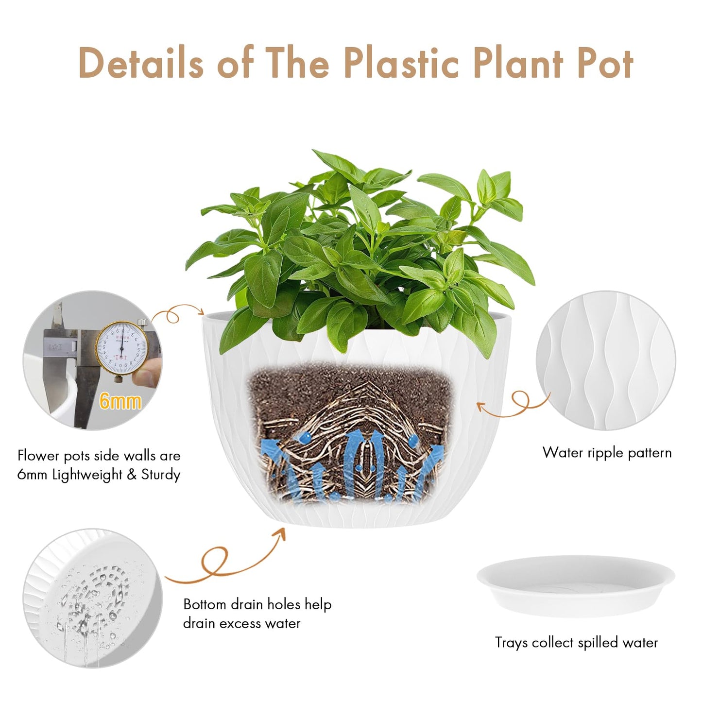 WSMKSZ 12 Inch Large Plant Pots for Indoor or Outdoor Plants, Wide Water Ripples Flower Pots with Drainage Holes & Saucer, Plastic Planters Set for Garden & Home Decor (White)