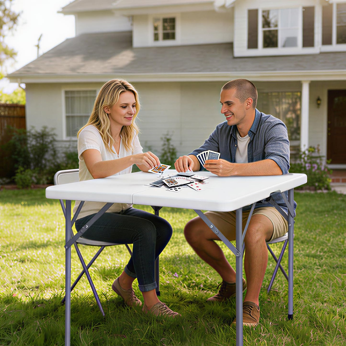 Lakhow 34" Square Folding Table, Fold-in-Half Utility Dining Portable Table Heavy Duty HDPE Plastic Foldable with Carrying Handle Indoor Outdoor for Picnic, Party